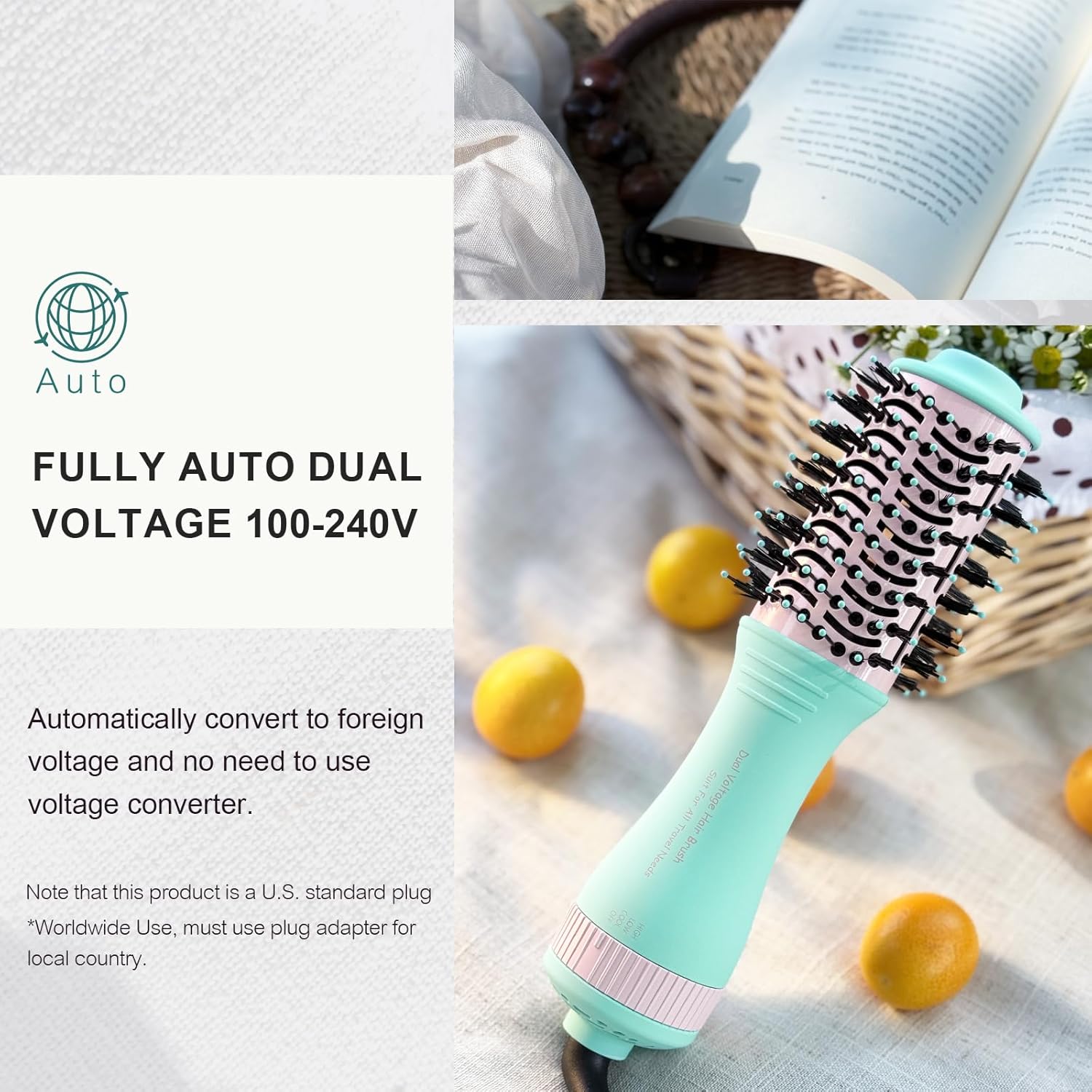 4-in-1 Travel Dual Voltage Hair Dryer Brush Blow Dryer Brush,Portable 2 inch Mini Hot Air Brush,Travel Hair Styler/Volumizer/Straightener/Curler,110-240V European Blow Dry Brush with EU&UK Plug