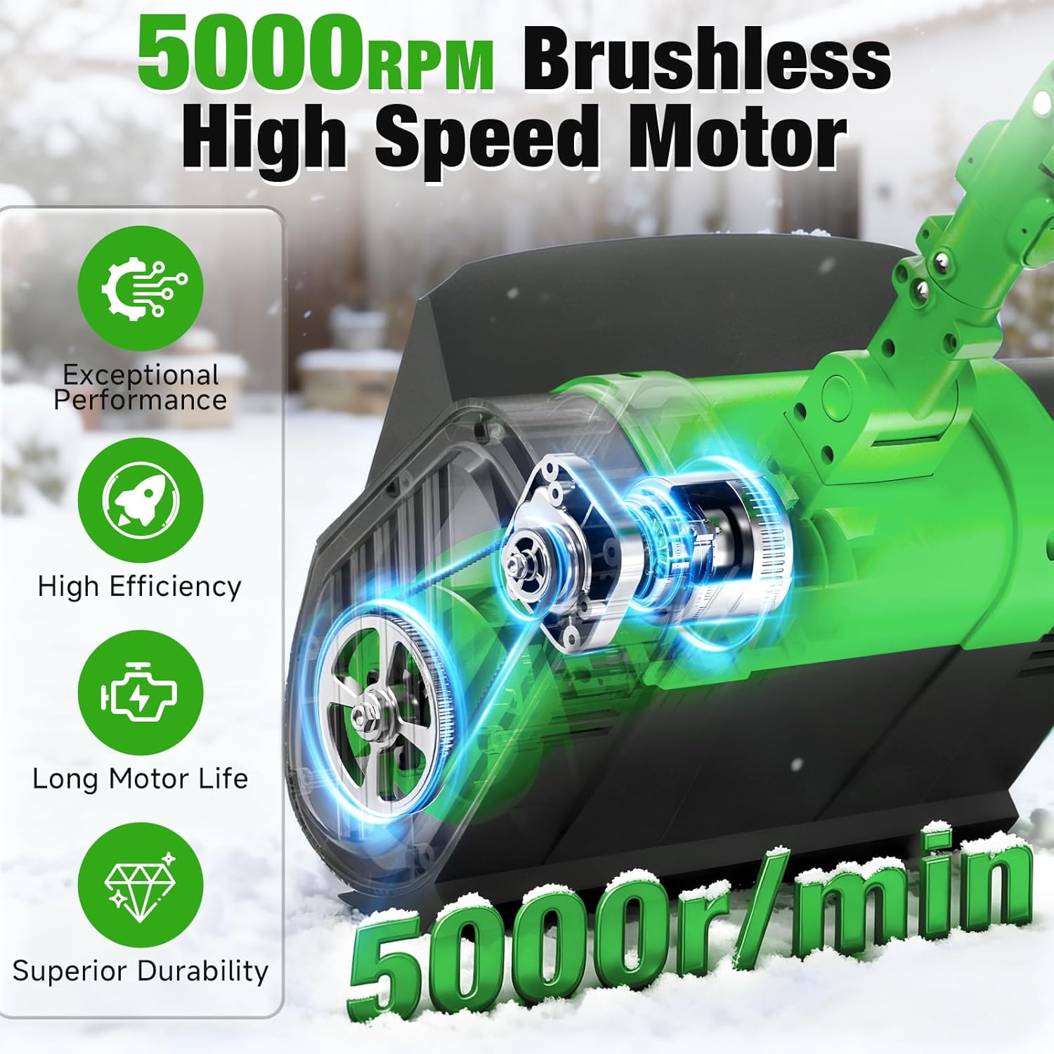 Electric Cordless Snow Shovel, 14.4-Inch | 24V | 5.0Ah Brushless Cordless Snow Blower with Battery and Charger, 26ft Throwing Distance, 5000RPM/Min, Snow Removal for Driveway/Steps/Patio/Sidewalk