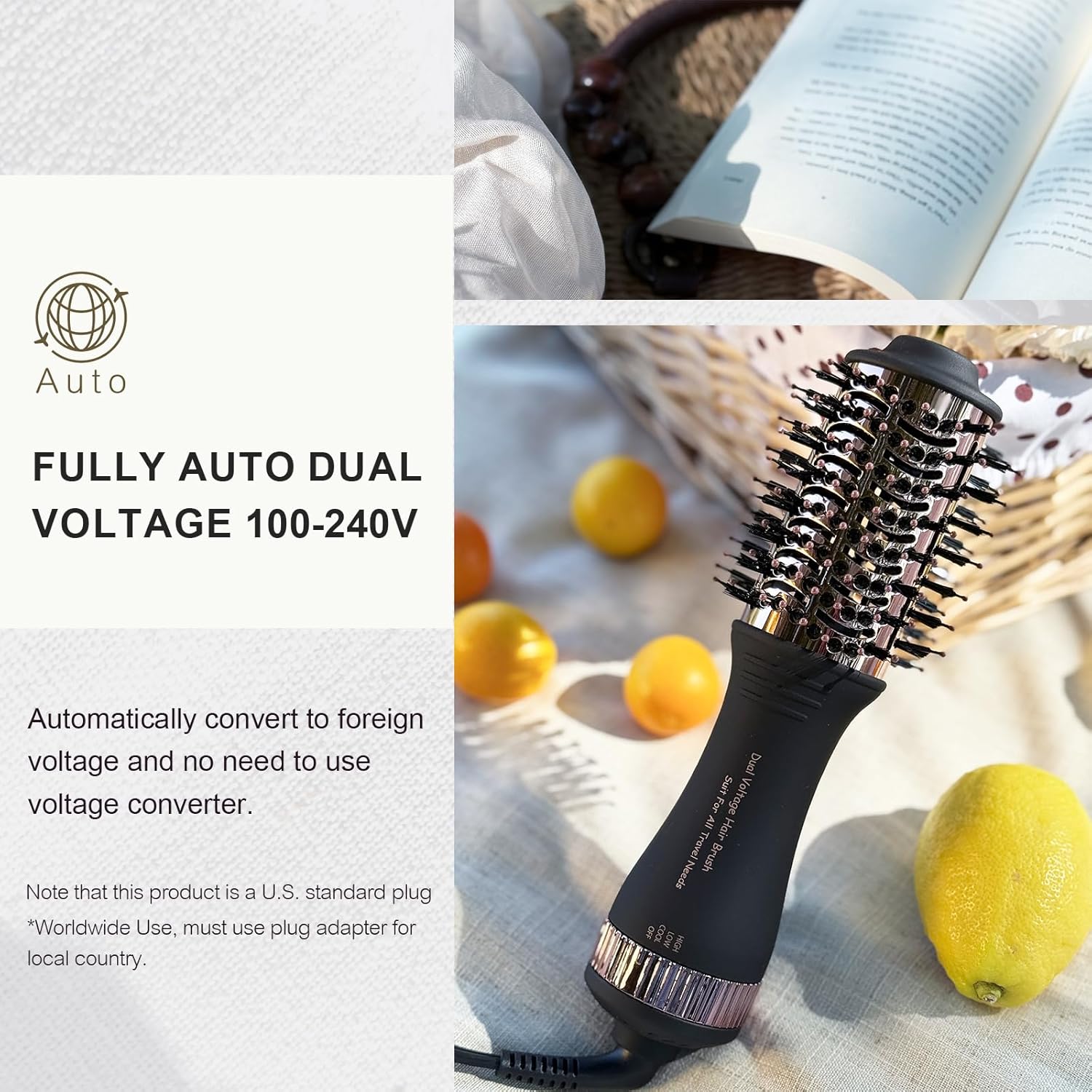 4-in-1 Travel Dual Voltage Hair Dryer Brush Blow Dryer Brush,Portable 2 inch Mini Hot Air Brush,Travel Hair Styler/Volumizer/Straightener/Curler,110-240V European Blow Dry Brush with EU&UK Plug