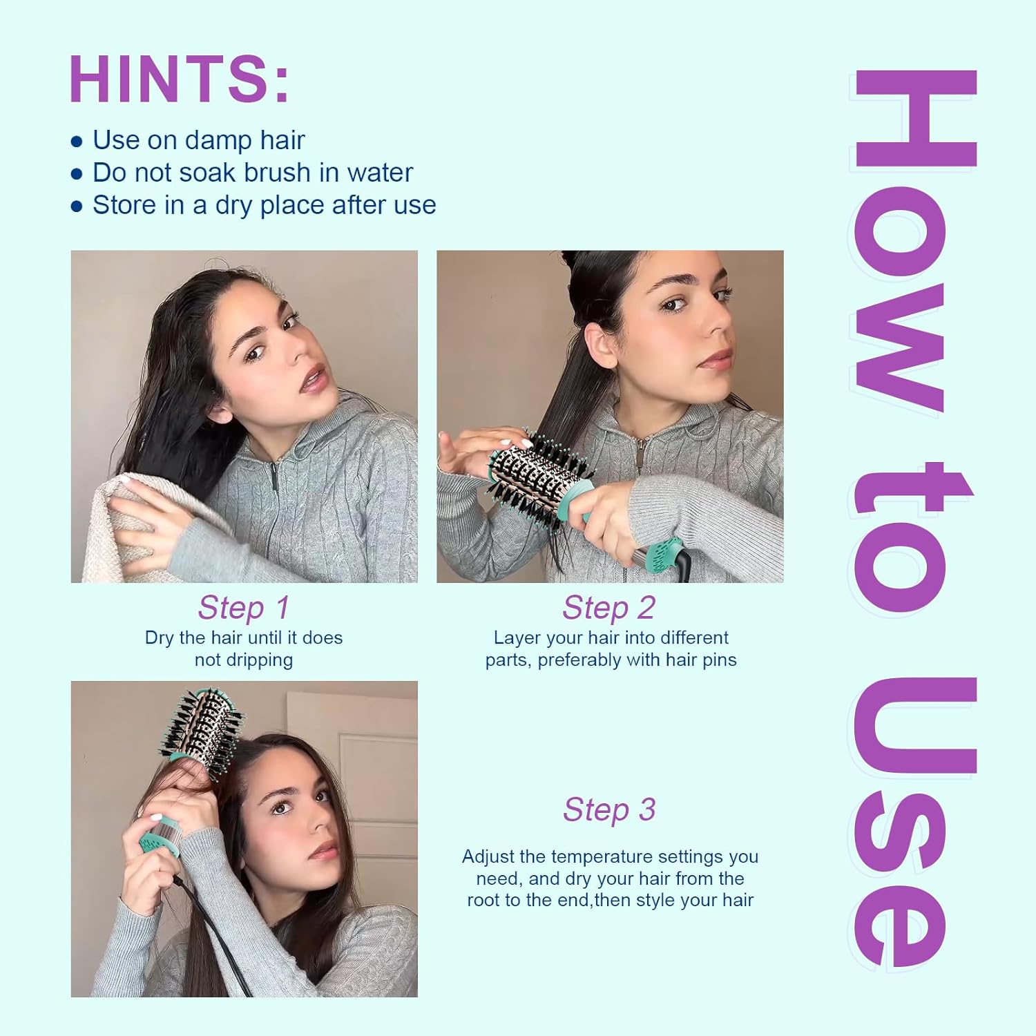 4-in-1 Travel Dual Voltage Hair Dryer Brush Blow Dryer Brush,Portable 2 inch Mini Hot Air Brush,Travel Hair Styler/Volumizer/Straightener/Curler,110-240V European Blow Dry Brush with EU&UK Plug