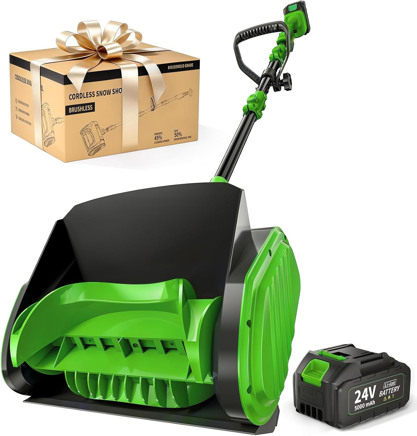 Electric Cordless Snow Shovel, 14.4-Inch | 24V | 5.0Ah Brushless Cordless Snow Blower with Battery and Charger, 26ft Throwing Distance, 5000RPM/Min, Snow Removal for Driveway/Steps/Patio/Sidewalk