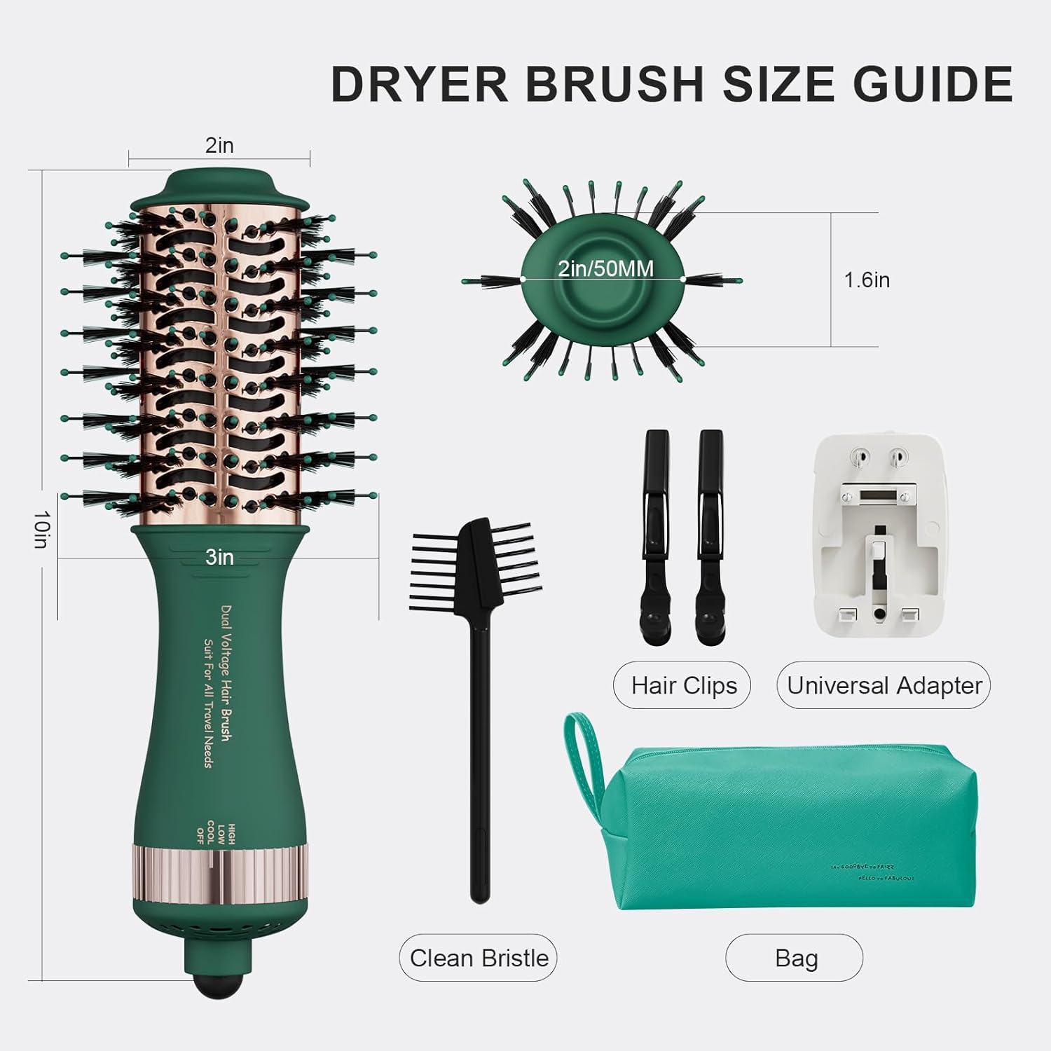4-in-1 Travel Dual Voltage Hair Dryer Brush Blow Dryer Brush,Portable 2 inch Mini Hot Air Brush,Travel Hair Styler/Volumizer/Straightener/Curler,110-240V European Blow Dry Brush with EU&UK Plug
