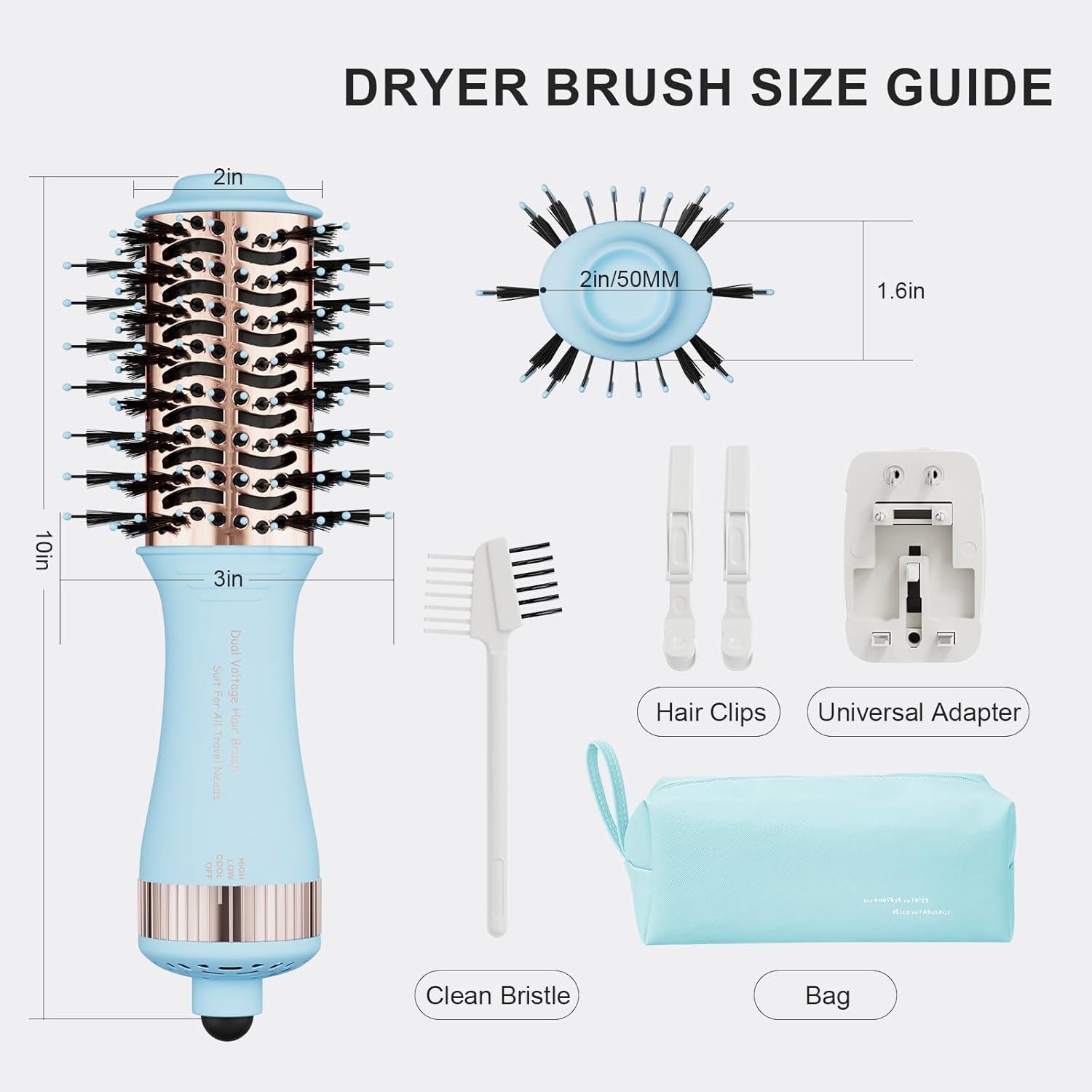 4-in-1 Travel Dual Voltage Hair Dryer Brush Blow Dryer Brush,Portable 2 inch Mini Hot Air Brush,Travel Hair Styler/Volumizer/Straightener/Curler,110-240V European Blow Dry Brush with EU&UK Plug
