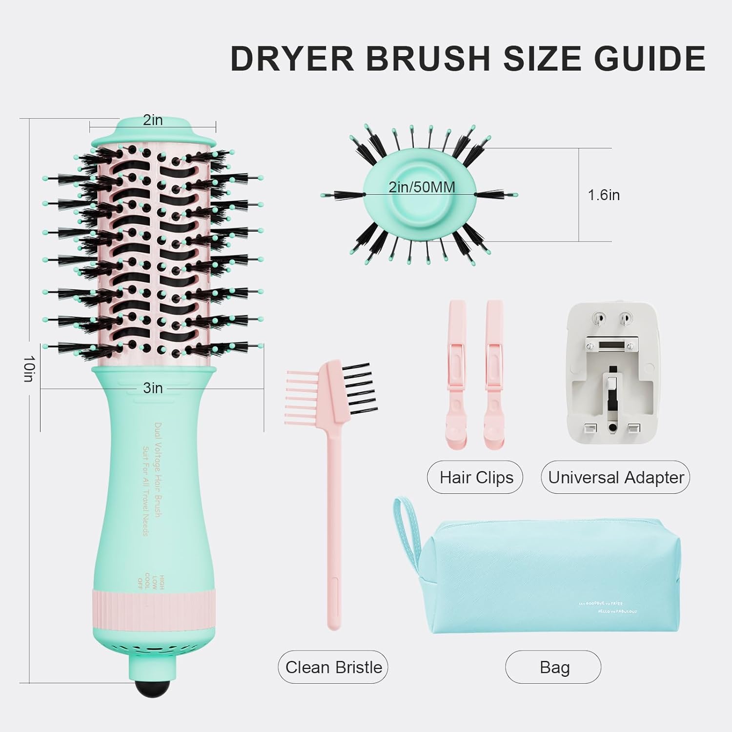 4-in-1 Travel Dual Voltage Hair Dryer Brush Blow Dryer Brush,Portable 2 inch Mini Hot Air Brush,Travel Hair Styler/Volumizer/Straightener/Curler,110-240V European Blow Dry Brush with EU&UK Plug