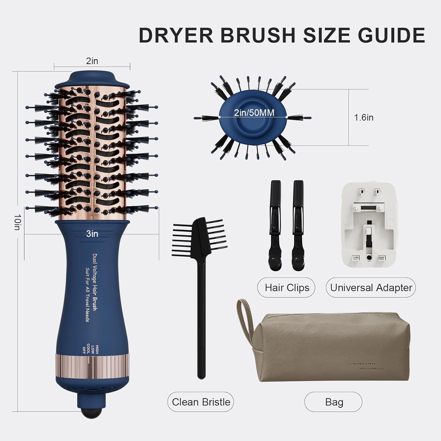4-in-1 Travel Dual Voltage Hair Dryer Brush Blow Dryer Brush,Portable 2 inch Mini Hot Air Brush,Travel Hair Styler/Volumizer/Straightener/Curler,110-240V European Blow Dry Brush with EU&UK Plug