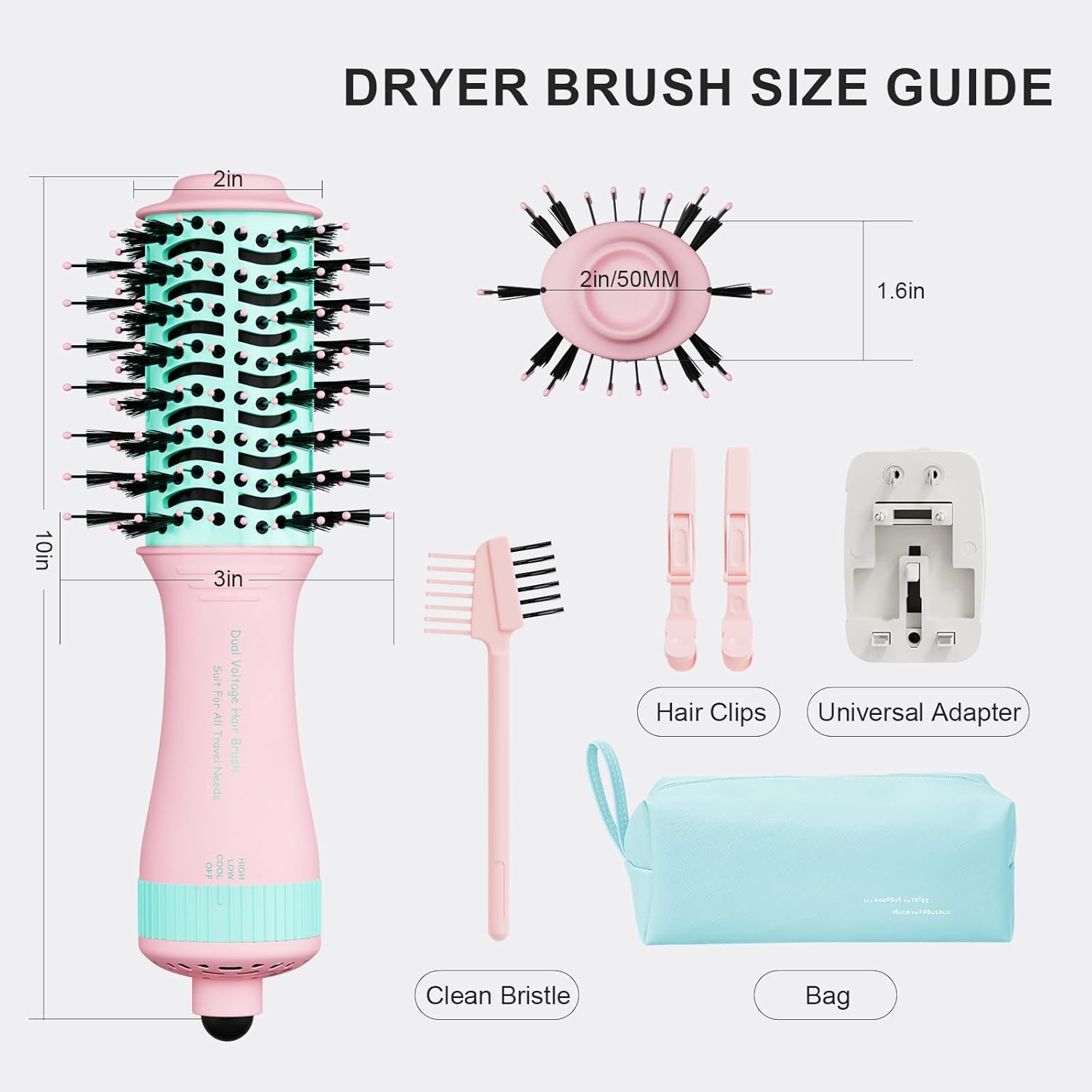 4-in-1 Travel Dual Voltage Hair Dryer Brush Blow Dryer Brush,Portable 2 inch Mini Hot Air Brush,Travel Hair Styler/Volumizer/Straightener/Curler,110-240V European Blow Dry Brush with EU&UK Plug