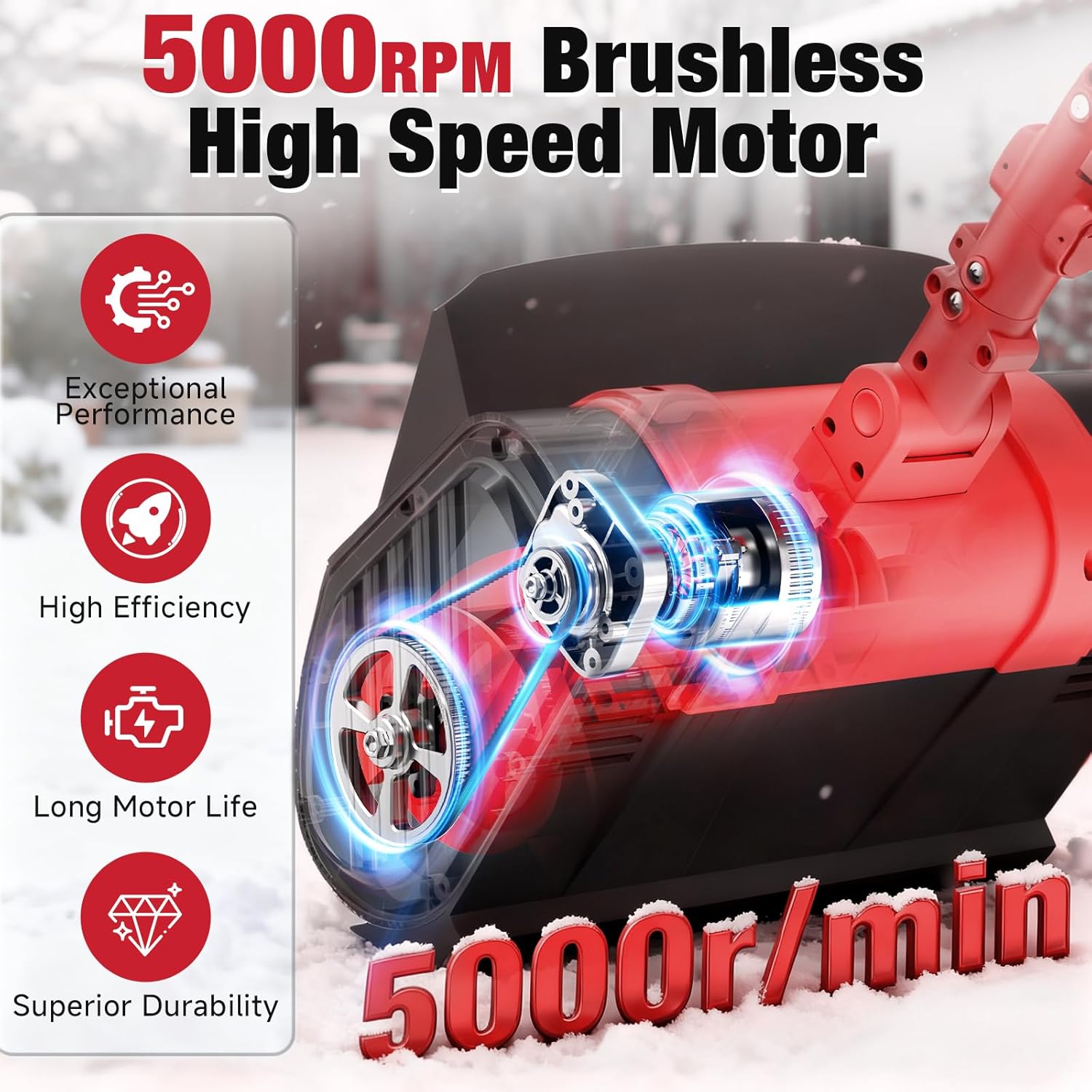 Electric Cordless Snow Shovel, 14.4-Inch | 24V | 5.0Ah Brushless Cordless Snow Blower with Battery and Charger, 26ft Throwing Distance, 5000RPM/Min, Snow Removal for Driveway/Steps/Patio/Sidewalk