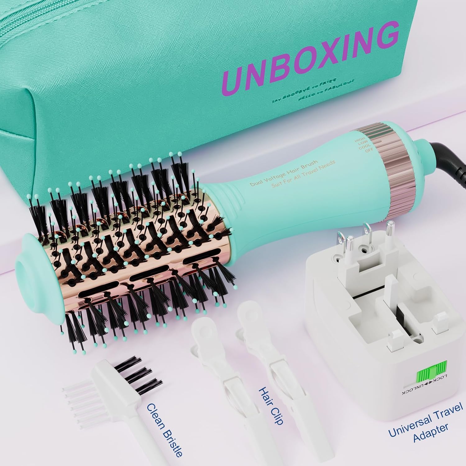 4-in-1 Travel Dual Voltage Hair Dryer Brush Blow Dryer Brush,Portable 2 inch Mini Hot Air Brush,Travel Hair Styler/Volumizer/Straightener/Curler,110-240V European Blow Dry Brush with EU&UK Plug