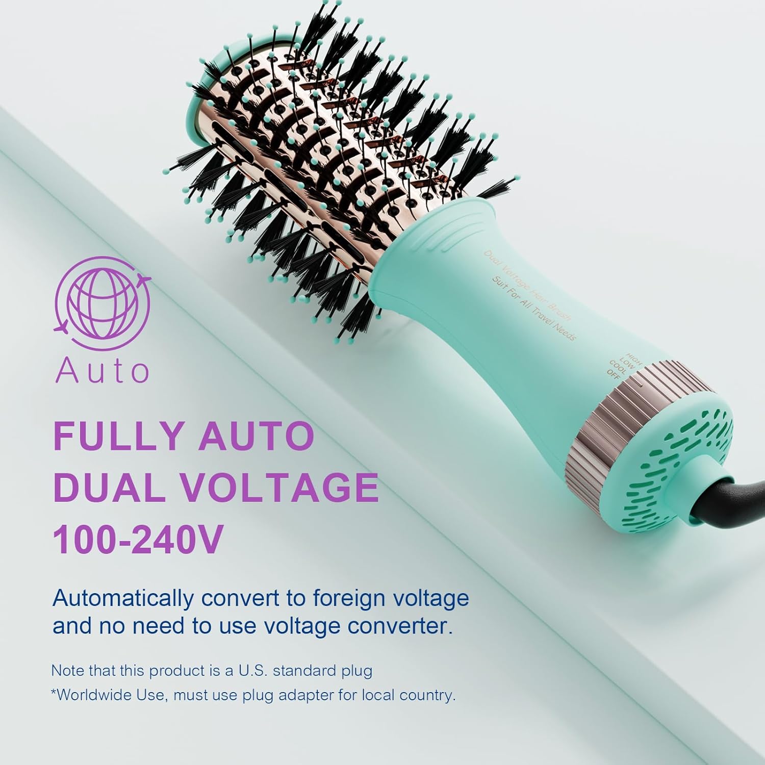 4-in-1 Travel Dual Voltage Hair Dryer Brush Blow Dryer Brush,Portable 2 inch Mini Hot Air Brush,Travel Hair Styler/Volumizer/Straightener/Curler,110-240V European Blow Dry Brush with EU&UK Plug