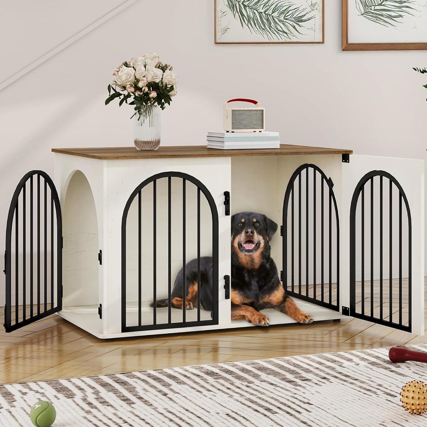 Hzuaneri 31.5'' Wooden Dog Crate Furniture, Indoor Dog Kennel Dogs Cage for Small/Medium Dogs, Heavy Duty Dog Crates Decorative Pet House End Side Table TV Stand, White Brown DFC85114B