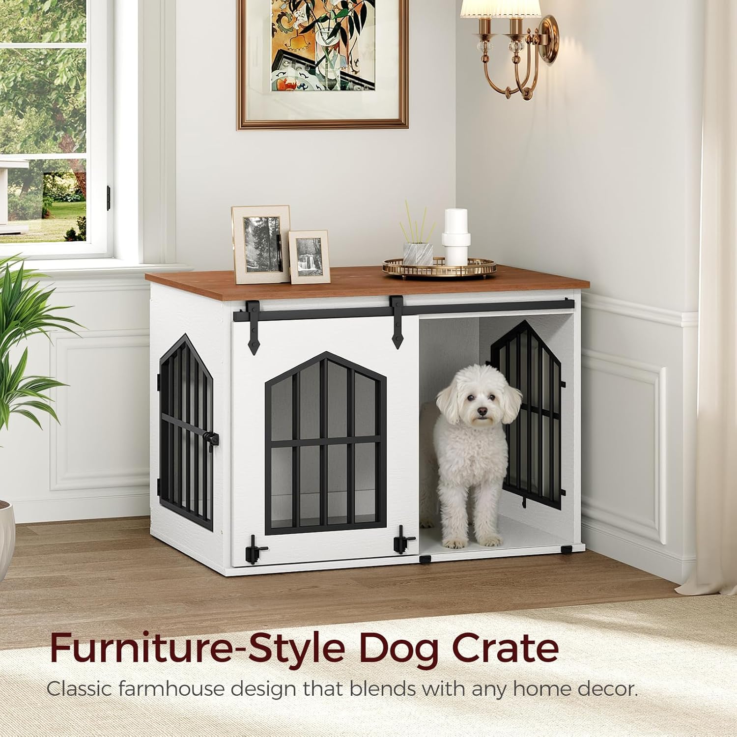 MAHANCRIS Dog Crate Furniture, 31.5 Farmhouse Dog Kennel with Sliding Barn Door, Wooden Dog Cage for Small Medium Dogs, Decorative Pet House Side End Table, Chew-Resistant, White and Walnut DCBA9601