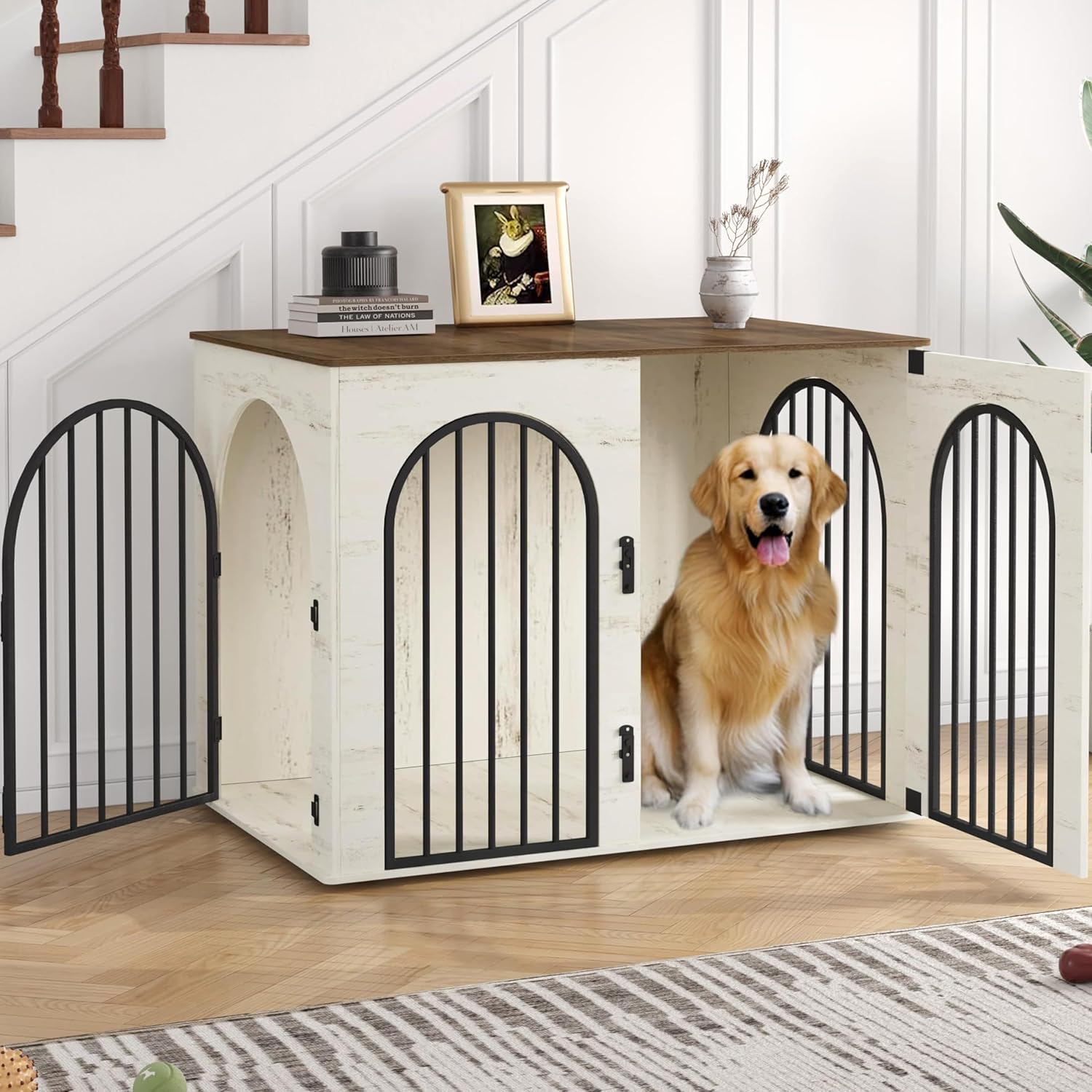 Hzuaneri 31.5'' Wooden Dog Crate Furniture, Indoor Dog Kennel Dogs Cage for Small/Medium Dogs, Heavy Duty Dog Crates Decorative Pet House End Side Table TV Stand, White Brown DFC85114B