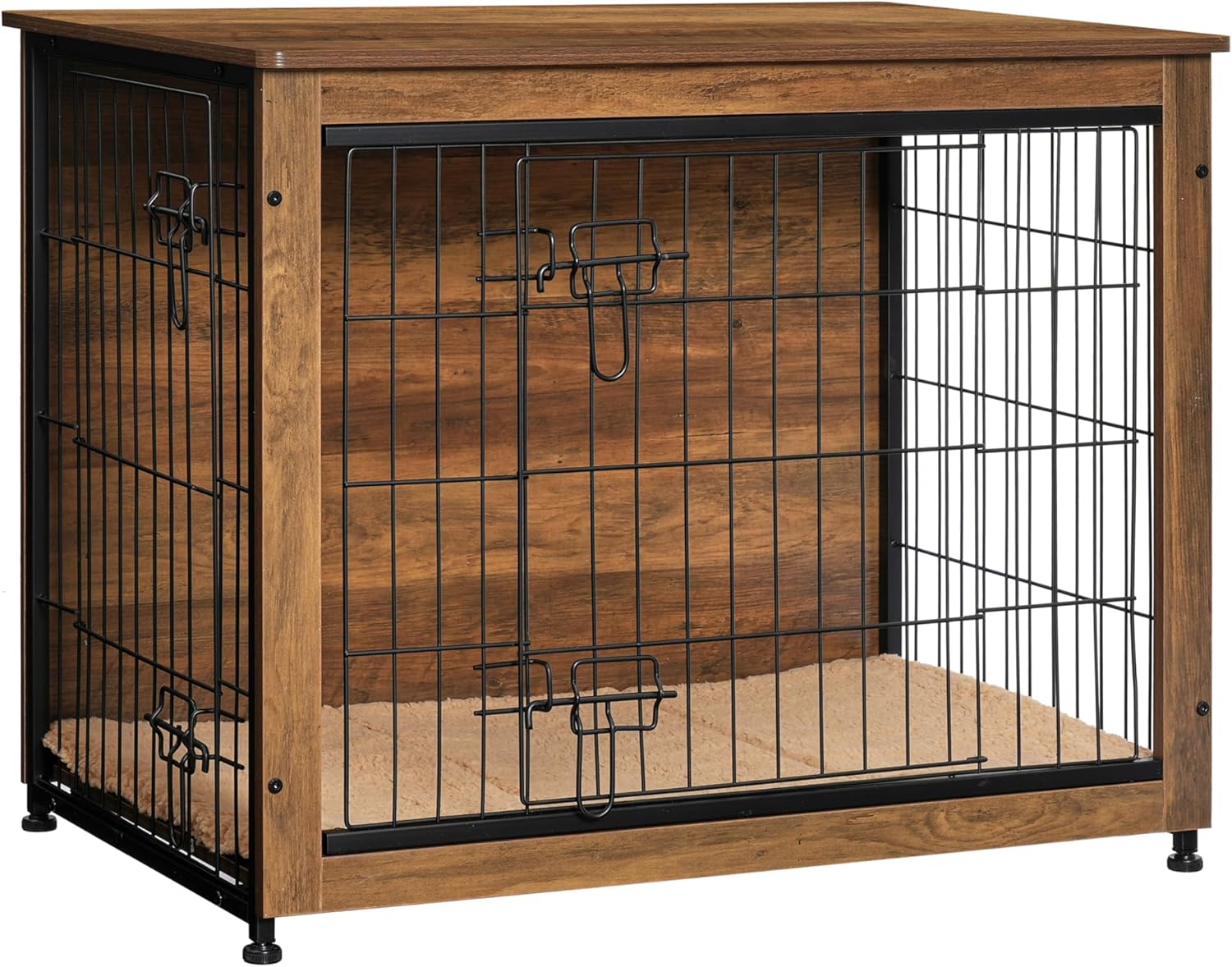 DWANTON Dog Crate Furniture with Cushion, Wooden Kennel Table with Double Doors, Indoor Dog House, Small/Medium/Large/Extra Large Size, 27.2 L, Rustic Brown