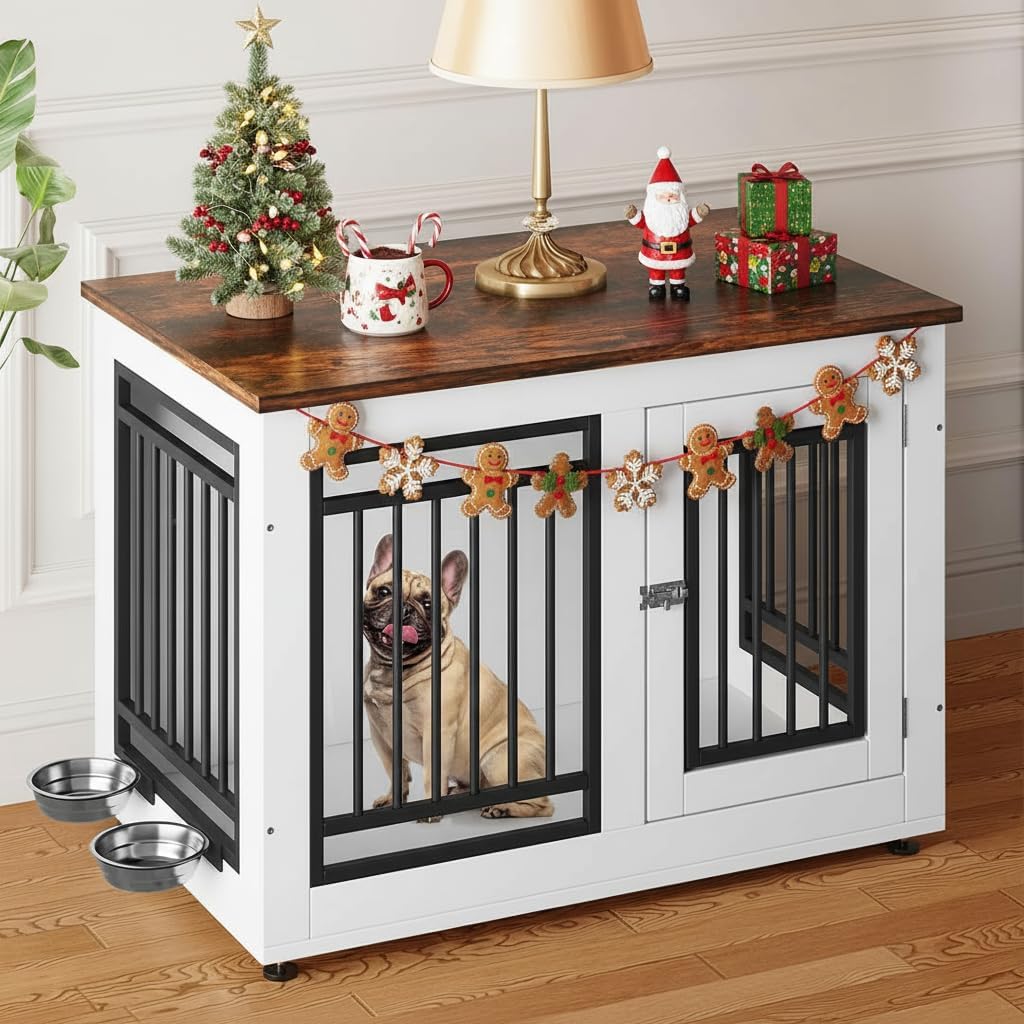 YITAHOME 28 Dog Crate Furniture, Wooden Side End Table with Adjustable Feet and Removable Bowls, Dog Kennel Indoor for Small Dogs