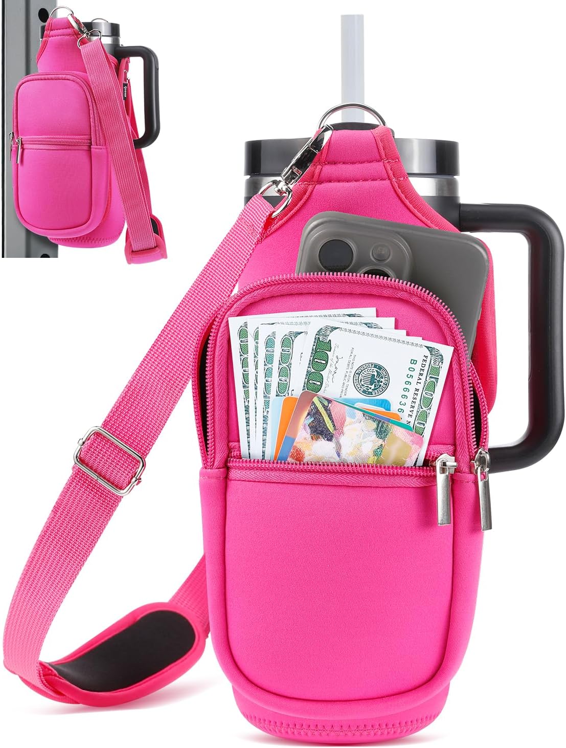 IPOW Magnetic Gym Bag Water Bottle Carrier Holder with Phone Pockets & Shoulder Strap for Men Women,Water Bottle Holder, Gym Pouch, Crossbody Bag for Travel, Sports, Work, Fitness - Black