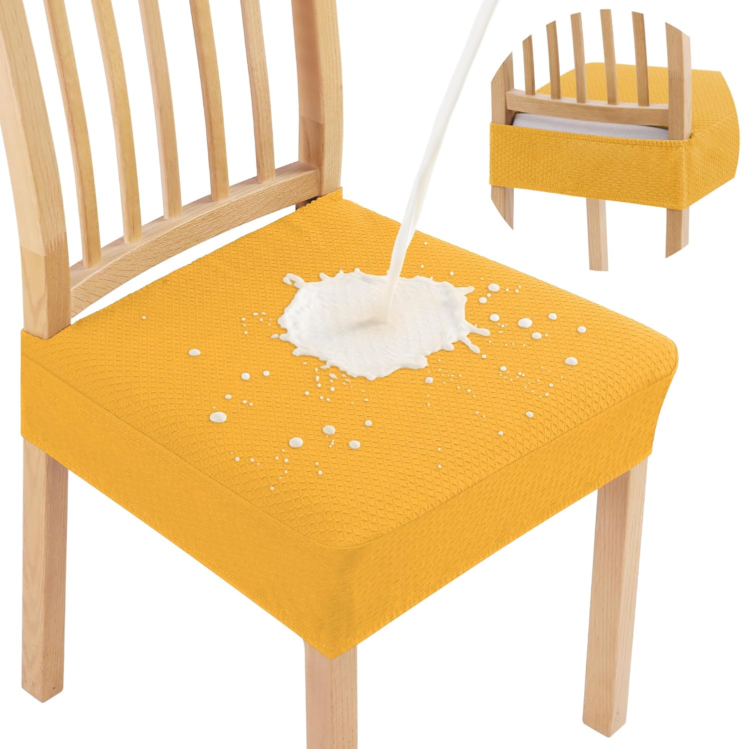 Smiry Waterproof Seat Covers for Dining Room Chairs Set of 4, Stretch Jacquard Removable Washable Chair Seat Slipcovers Protector, No Rear Covers, Beige