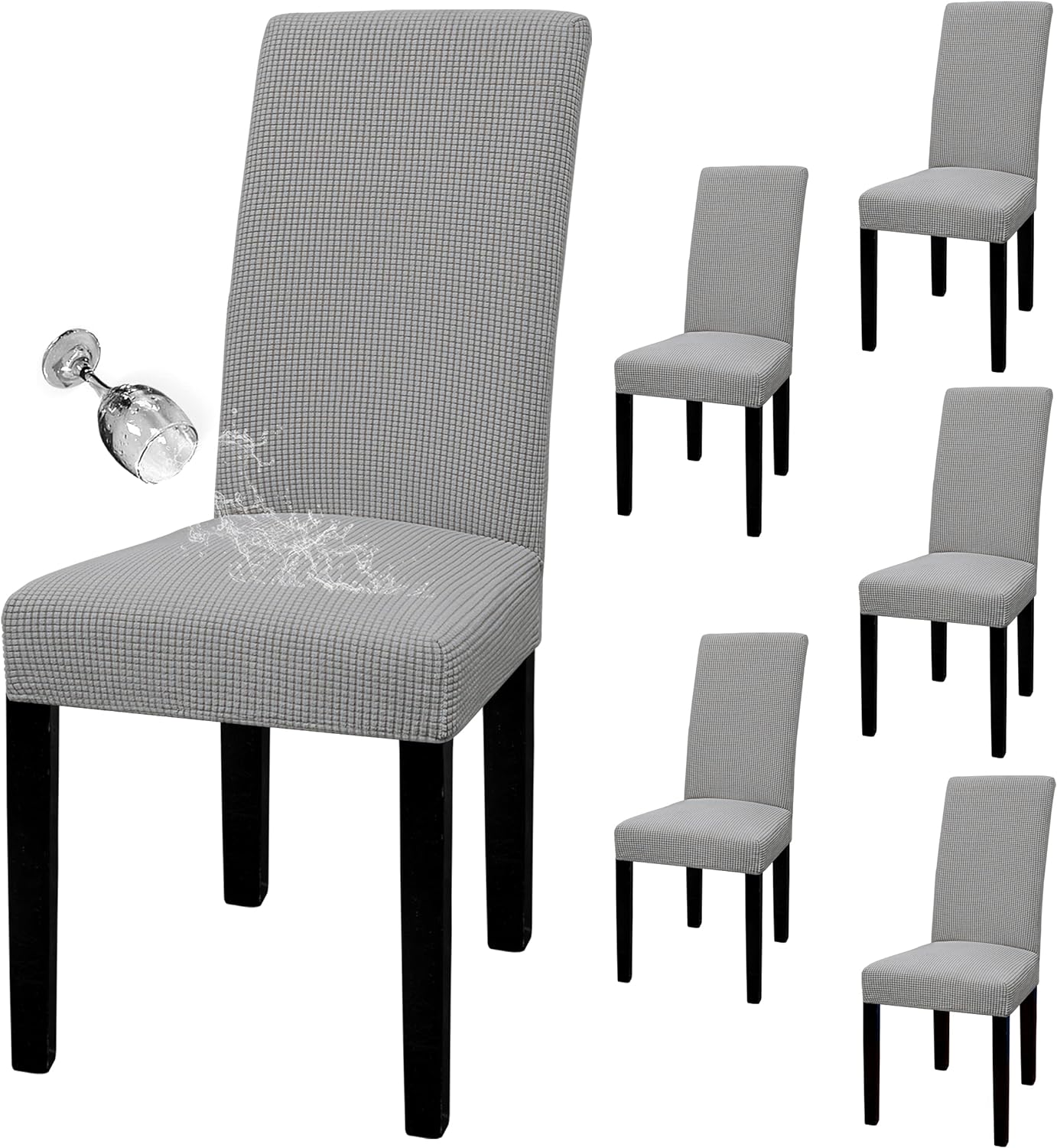 Easy-Going 100% Waterproof Dining Room Chair Cover Set of 6, Stretch Jacquard Parson Chair Slipcover Removable Washable Chair Protector for Home, Restaurant, Banquet (Large, Light Gray)