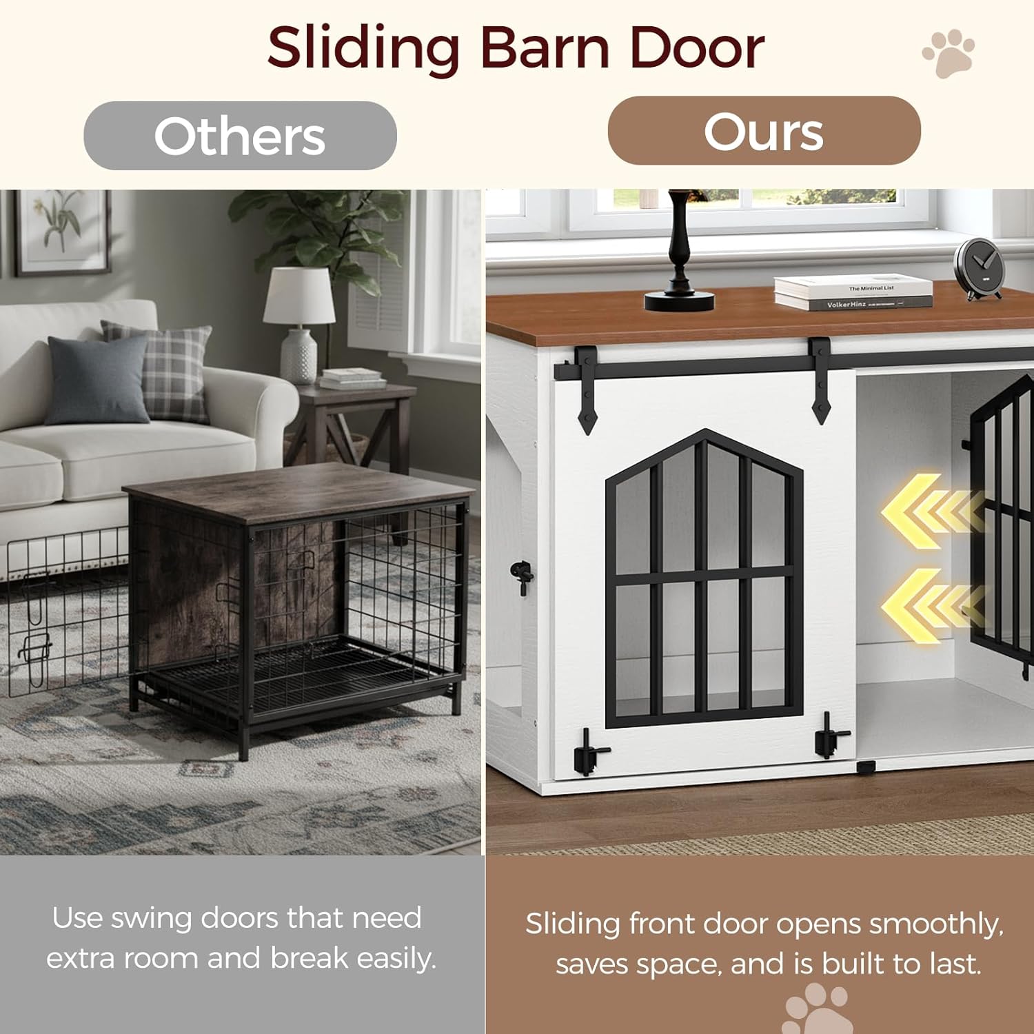 MAHANCRIS Dog Crate Furniture, 31.5 Farmhouse Dog Kennel with Sliding Barn Door, Wooden Dog Cage for Small Medium Dogs, Decorative Pet House Side End Table, Chew-Resistant, White and Walnut DCBA9601