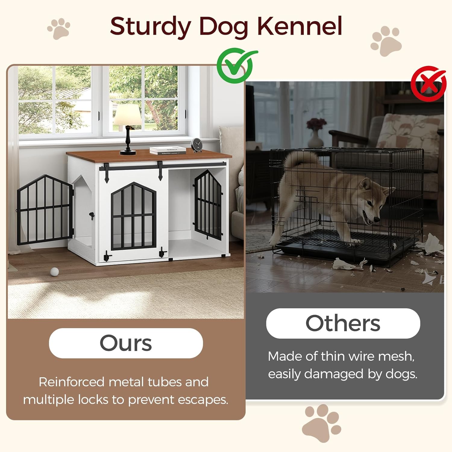 MAHANCRIS Dog Crate Furniture, 31.5 Farmhouse Dog Kennel with Sliding Barn Door, Wooden Dog Cage for Small Medium Dogs, Decorative Pet House Side End Table, Chew-Resistant, White and Walnut DCBA9601