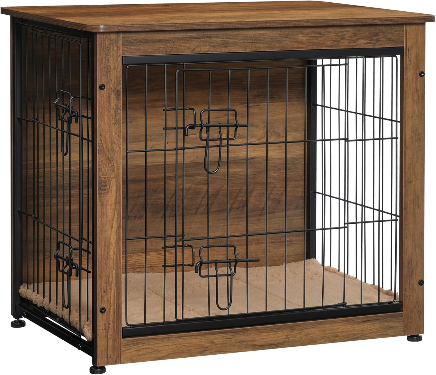DWANTON Dog Crate Furniture with Cushion, Wooden Kennel Table with Double Doors, Indoor Dog House, Small/Medium/Large/Extra Large Size, 27.2 L, Rustic Brown