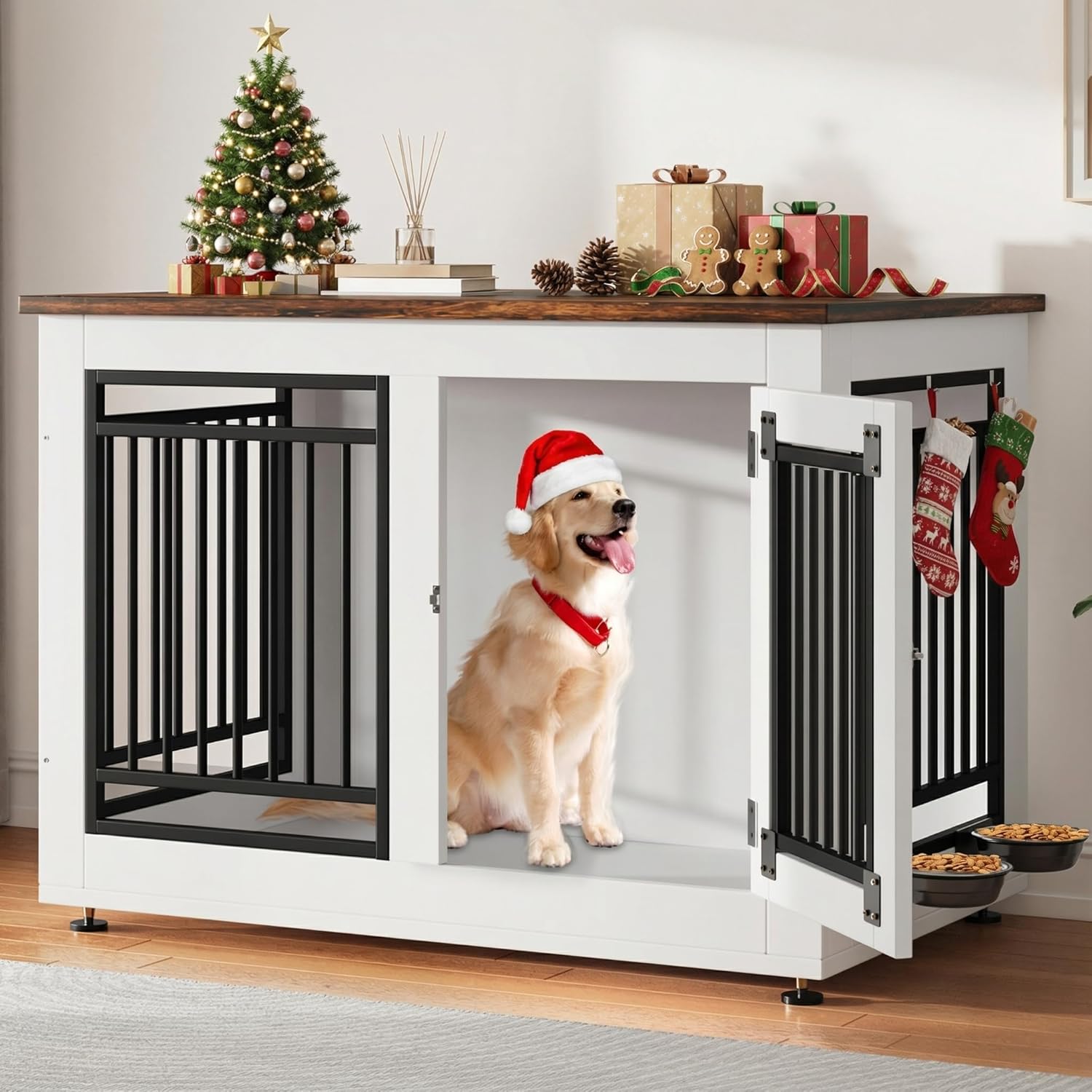 YITAHOME 28 Dog Crate Furniture, Wooden Side End Table with Adjustable Feet and Removable Bowls, Dog Kennel Indoor for Small Dogs