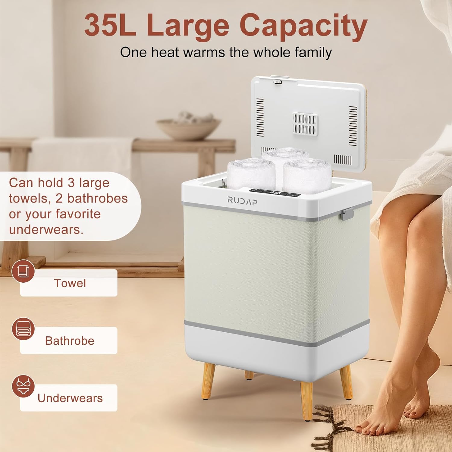 RUDAP Towel Warmer, 35L Large Towel Warmers for Bathroom, Foldable Blanket Warmer with Custom Fragrance, ETL Certification, Fast Heating, Fits 3 Large Towels, 2 Bathrobes, Blankets