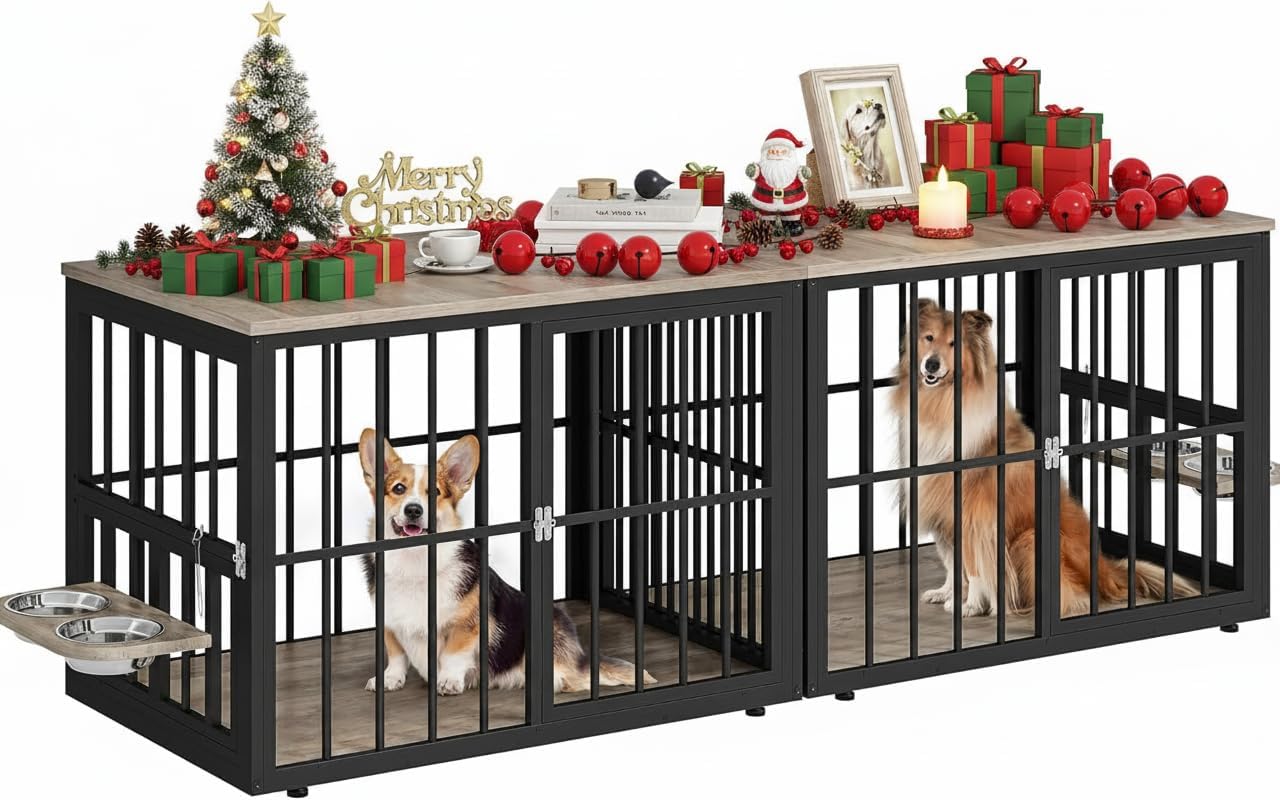 YITAHOME 28 Dog Crate Furniture, Wooden Side End Table with Adjustable Feet and Removable Bowls, Dog Kennel Indoor for Small Dogs