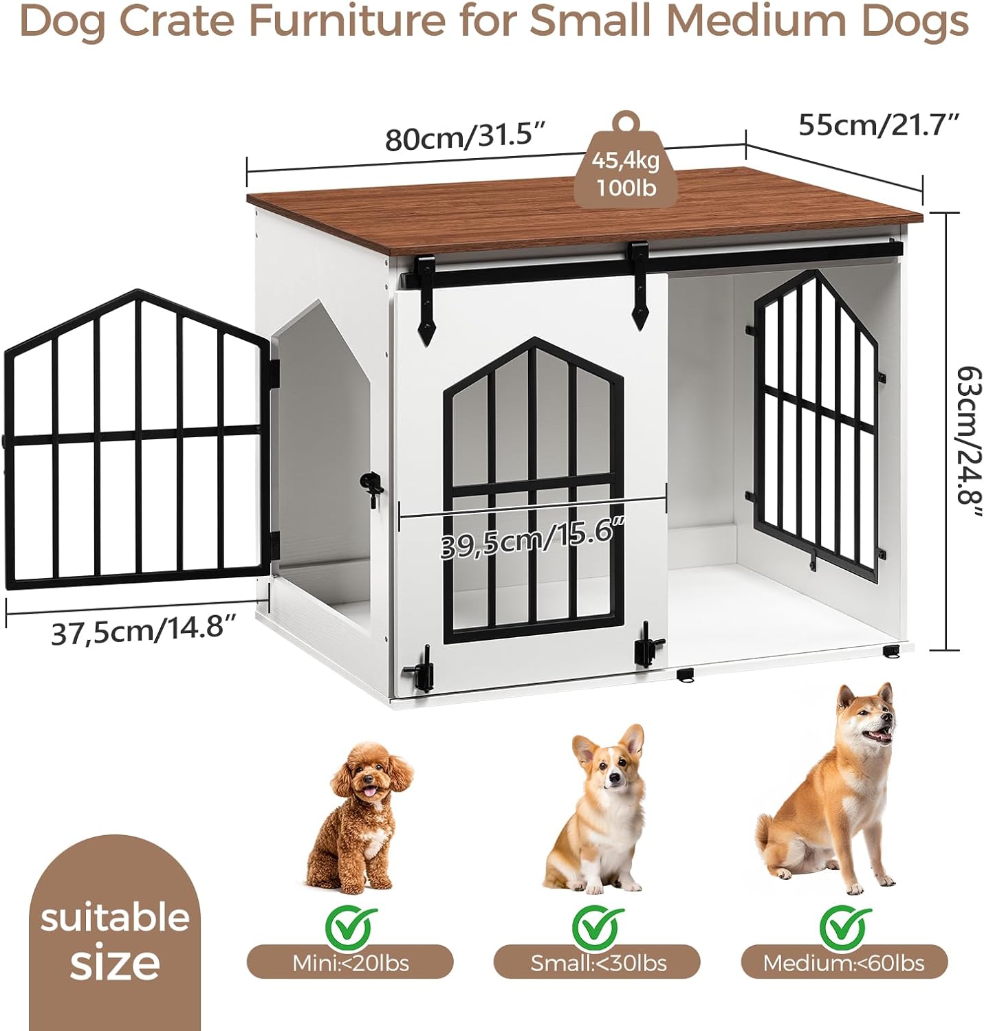 MAHANCRIS Dog Crate Furniture, 31.5 Farmhouse Dog Kennel with Sliding Barn Door, Wooden Dog Cage for Small Medium Dogs, Decorative Pet House Side End Table, Chew-Resistant, White and Walnut DCBA9601
