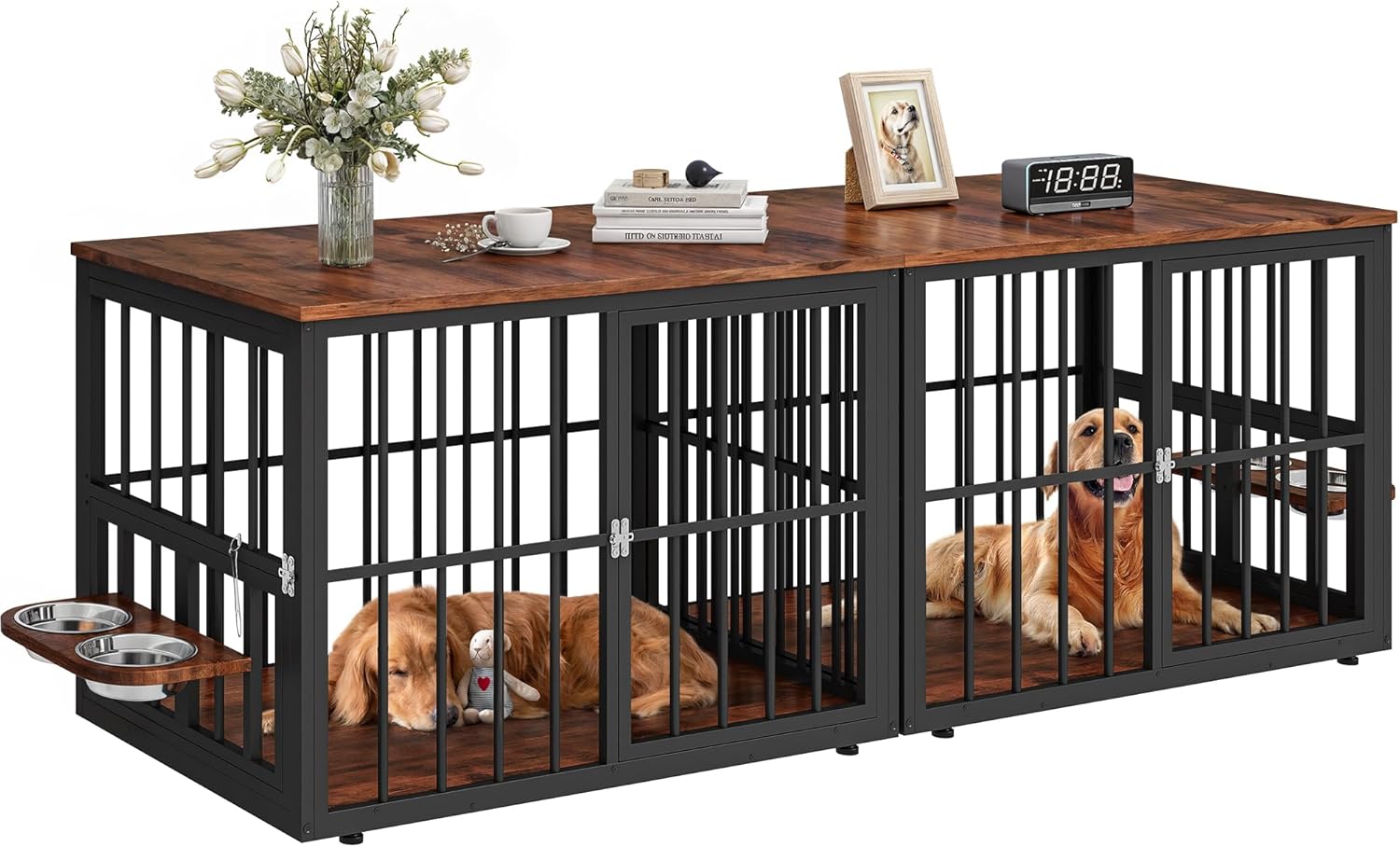 YITAHOME 28 Dog Crate Furniture, Wooden Side End Table with Adjustable Feet and Removable Bowls, Dog Kennel Indoor for Small Dogs