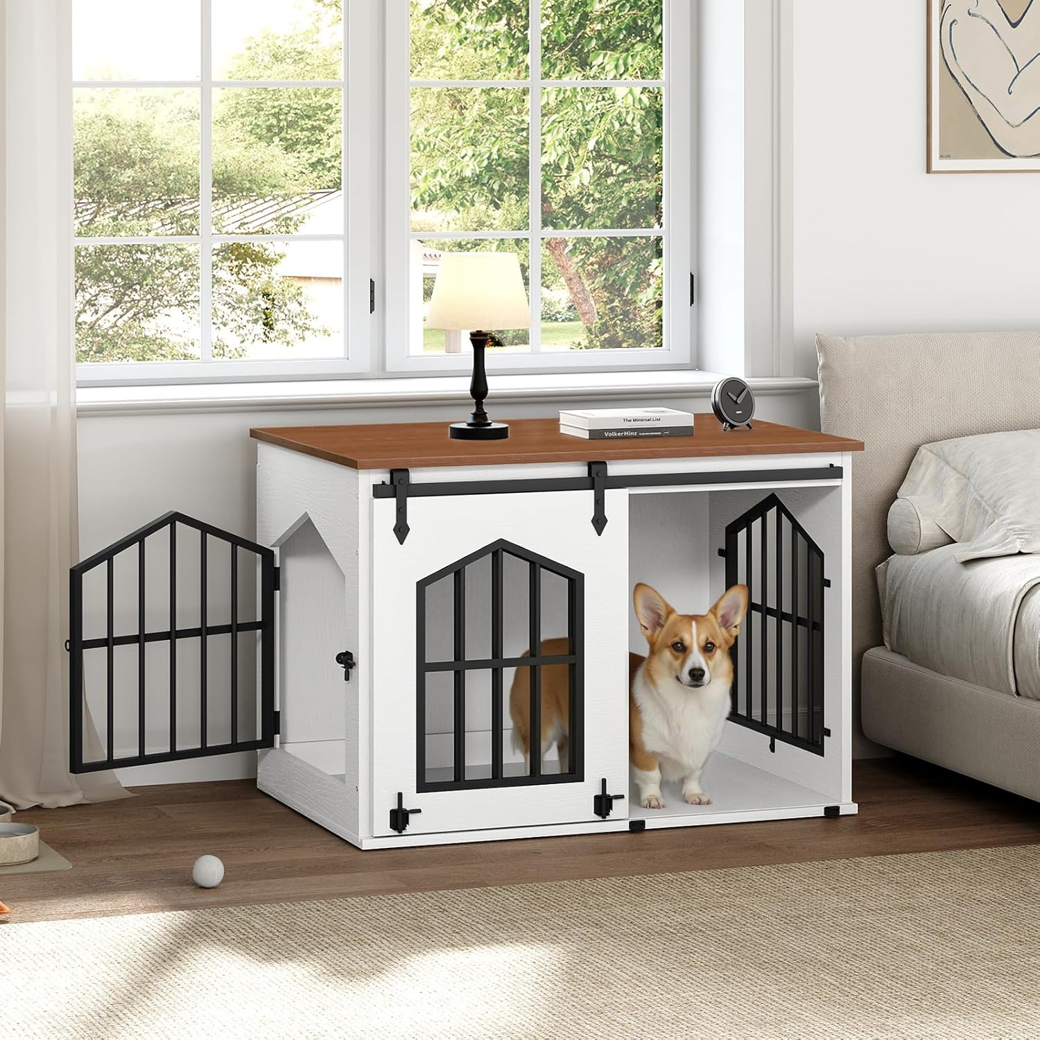 MAHANCRIS Dog Crate Furniture, 31.5 Farmhouse Dog Kennel with Sliding Barn Door, Wooden Dog Cage for Small Medium Dogs, Decorative Pet House Side End Table, Chew-Resistant, White and Walnut DCBA9601