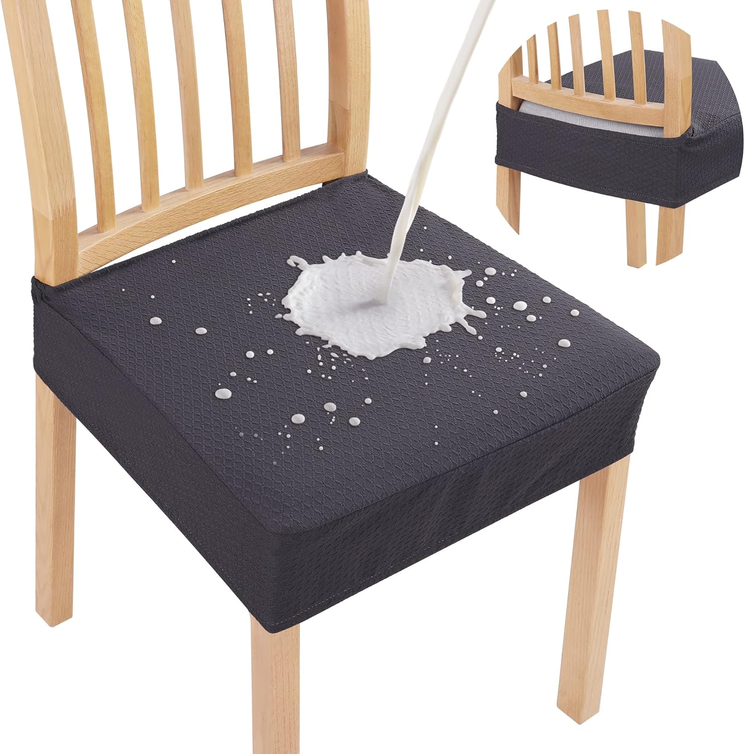 Smiry Waterproof Seat Covers for Dining Room Chairs Set of 4, Stretch Jacquard Removable Washable Chair Seat Slipcovers Protector, No Rear Covers, Beige