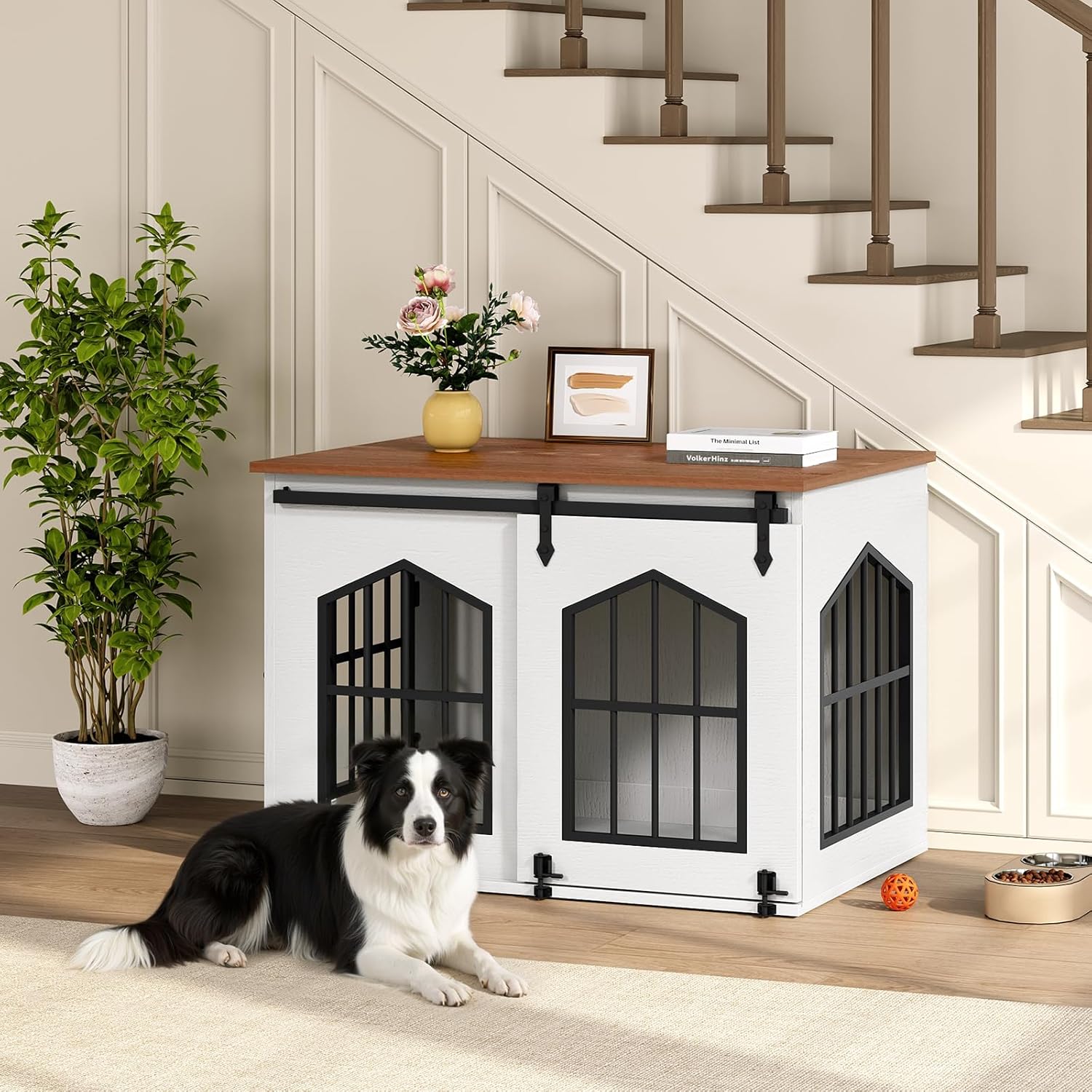 MAHANCRIS Dog Crate Furniture, 31.5 Farmhouse Dog Kennel with Sliding Barn Door, Wooden Dog Cage for Small Medium Dogs, Decorative Pet House Side End Table, Chew-Resistant, White and Walnut DCBA9601