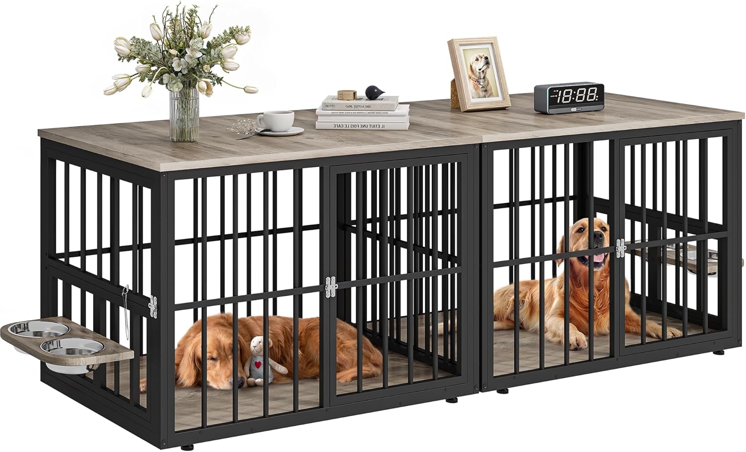 YITAHOME 28 Dog Crate Furniture, Wooden Side End Table with Adjustable Feet and Removable Bowls, Dog Kennel Indoor for Small Dogs