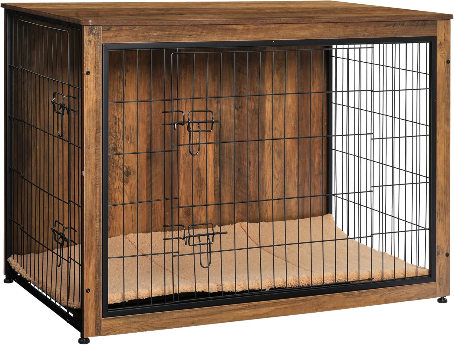 DWANTON Dog Crate Furniture with Cushion, Wooden Kennel Table with Double Doors, Indoor Dog House, Small/Medium/Large/Extra Large Size, 27.2 L, Rustic Brown