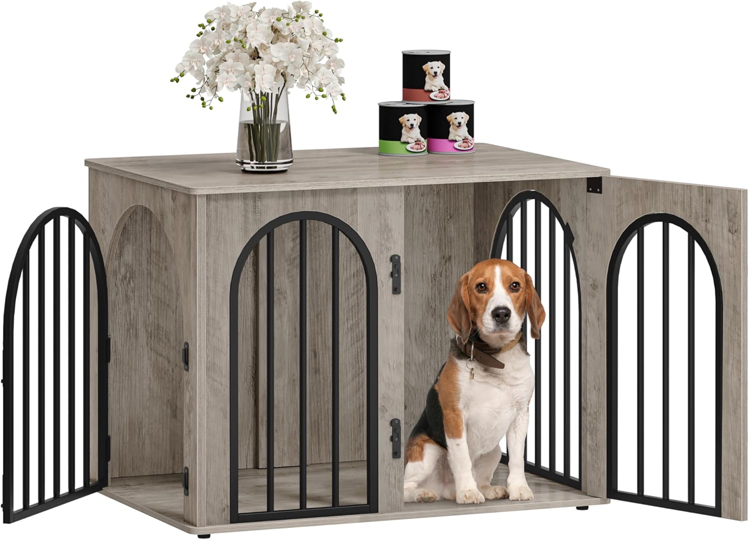 Hzuaneri 31.5'' Wooden Dog Crate Furniture, Indoor Dog Kennel Dogs Cage for Small/Medium Dogs, Heavy Duty Dog Crates Decorative Pet House End Side Table TV Stand, White Brown DFC85114B