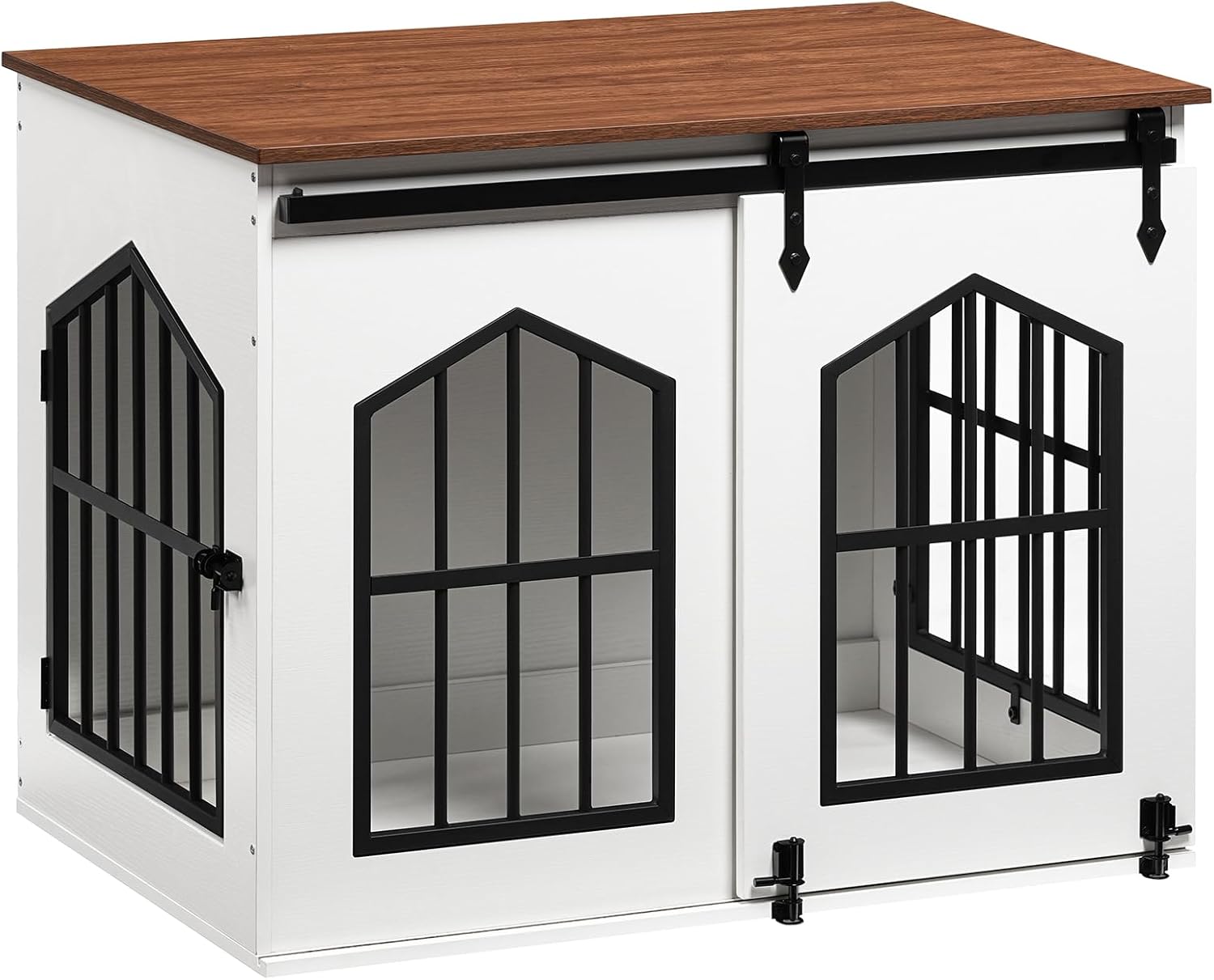 MAHANCRIS Dog Crate Furniture, 31.5 Farmhouse Dog Kennel with Sliding Barn Door, Wooden Dog Cage for Small Medium Dogs, Decorative Pet House Side End Table, Chew-Resistant, White and Walnut DCBA9601