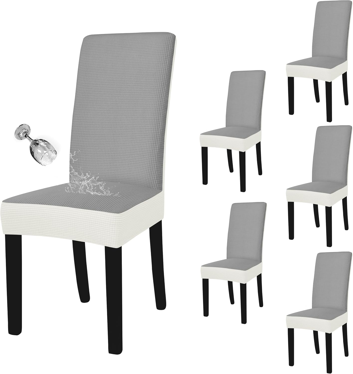 Easy-Going 100% Waterproof Dining Room Chair Cover Set of 6, Stretch Jacquard Parson Chair Slipcover Removable Washable Chair Protector for Home, Restaurant, Banquet (Large, Light Gray)