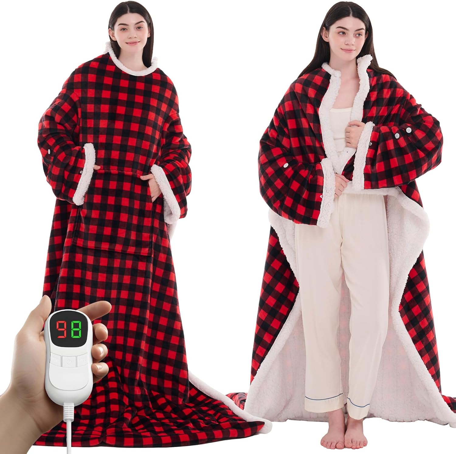 PLOATH Heated Electric Blanket Shawl: Heating Throw Heated Poncho - Wearable Blanket Hoodie Wrap Sherpa with 10 Heat Levels & Multi Heating Time Settings (50x75'' Grey)