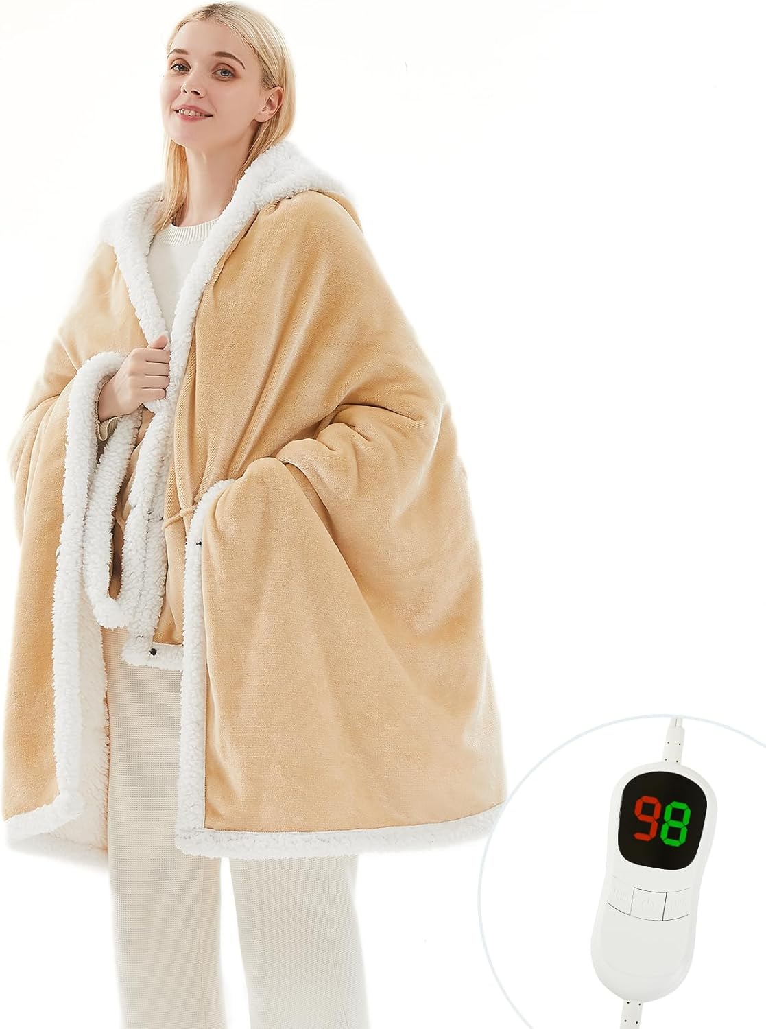 PLOATH Heated Electric Blanket Shawl: Heating Throw Heated Poncho - Wearable Blanket Hoodie Wrap Sherpa with 10 Heat Levels & Multi Heating Time Settings (50x75'' Grey)