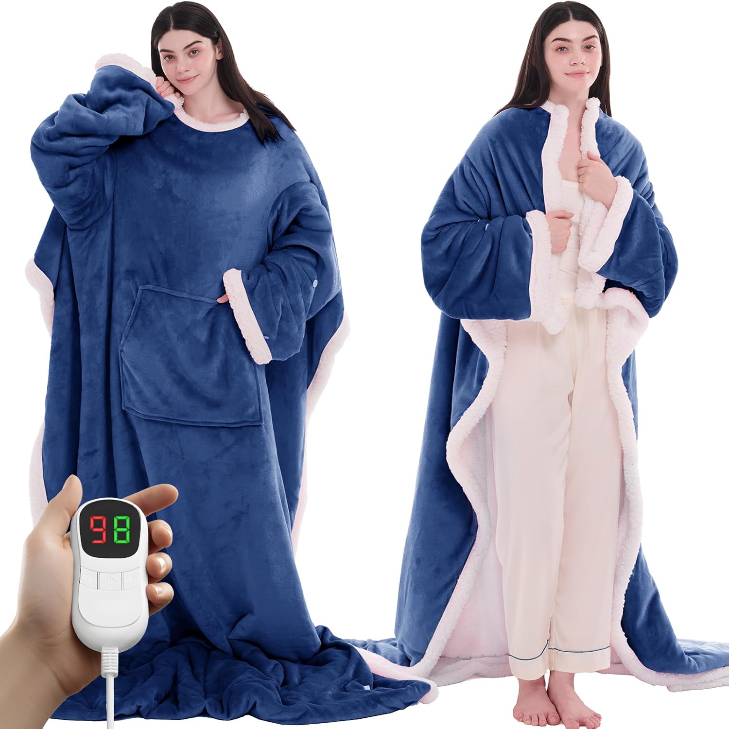 PLOATH Heated Electric Blanket Shawl: Heating Throw Heated Poncho - Wearable Blanket Hoodie Wrap Sherpa with 10 Heat Levels & Multi Heating Time Settings (50x75'' Grey)