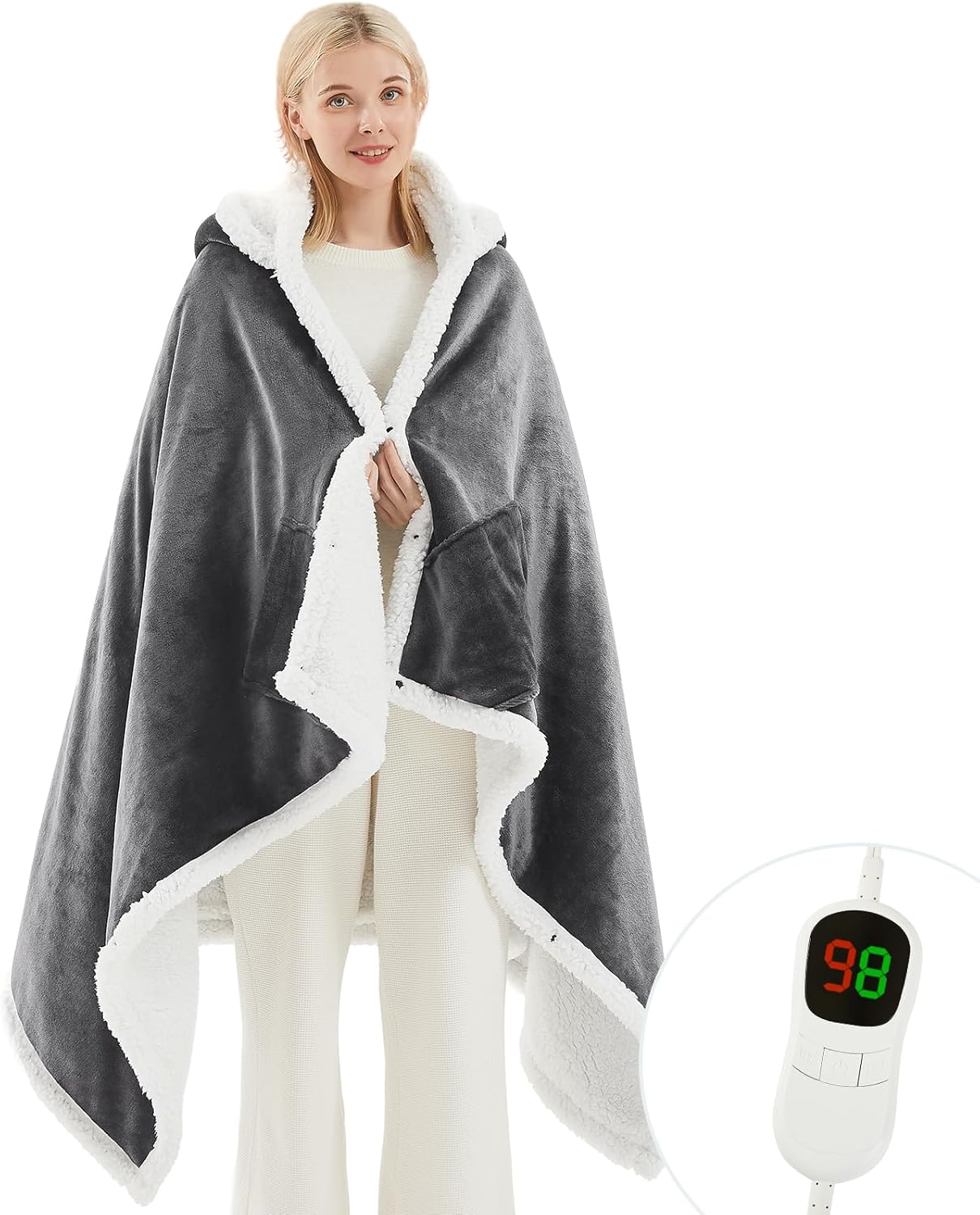 PLOATH Heated Electric Blanket Shawl: Heating Throw Heated Poncho - Wearable Blanket Hoodie Wrap Sherpa with 10 Heat Levels & Multi Heating Time Settings (50x75'' Grey)
