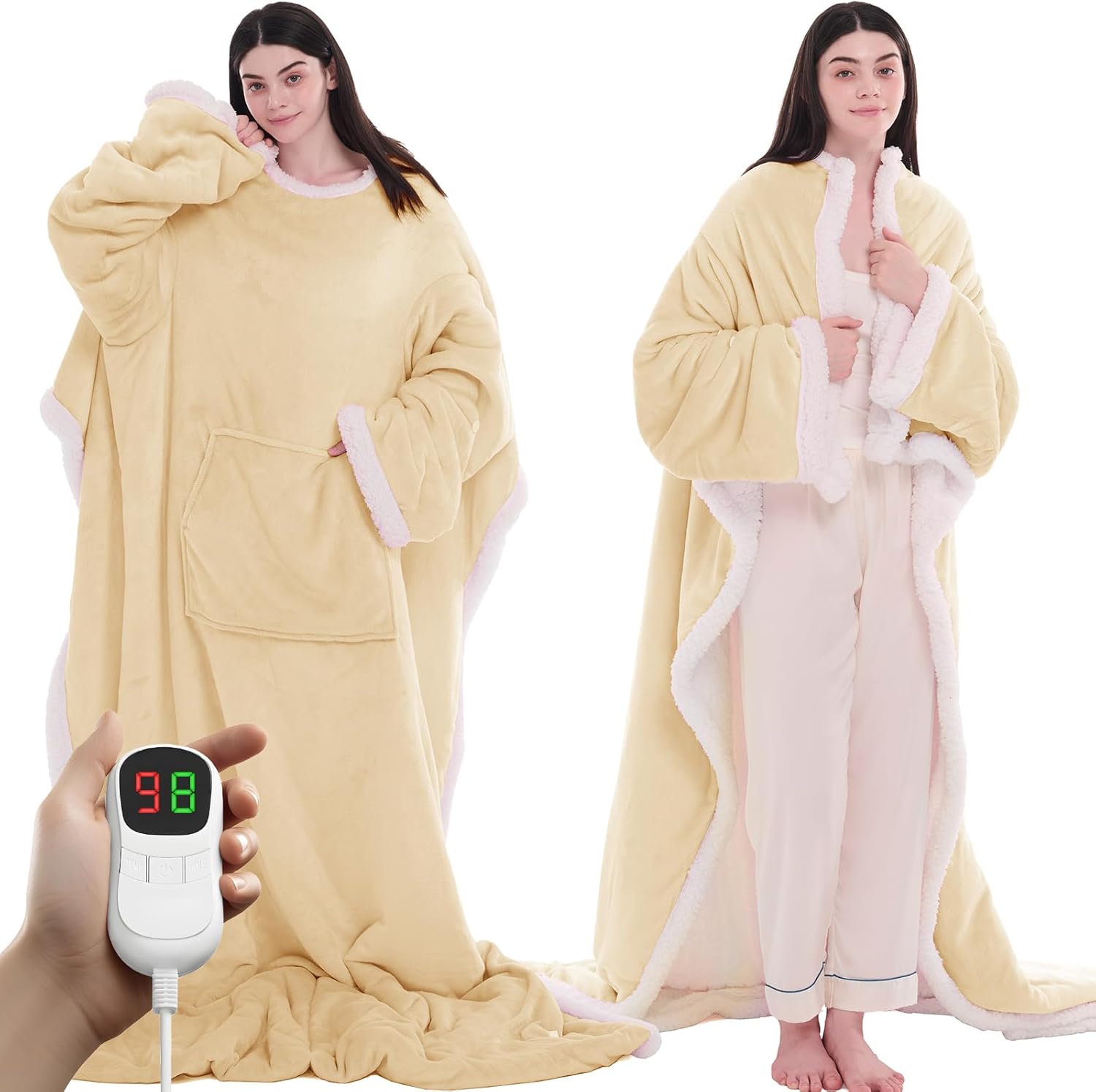 PLOATH Heated Electric Blanket Shawl: Heating Throw Heated Poncho - Wearable Blanket Hoodie Wrap Sherpa with 10 Heat Levels & Multi Heating Time Settings (50x75'' Grey)