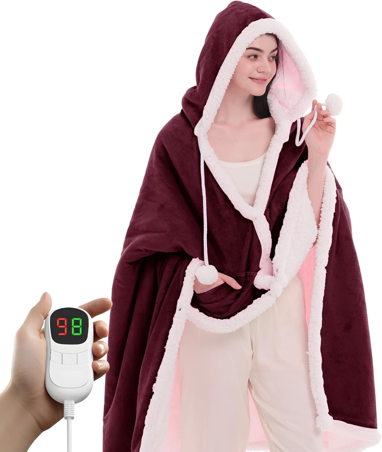 PLOATH Heated Electric Blanket Shawl: Heating Throw Heated Poncho - Wearable Blanket Hoodie Wrap Sherpa with 10 Heat Levels & Multi Heating Time Settings (50x75'' Grey)