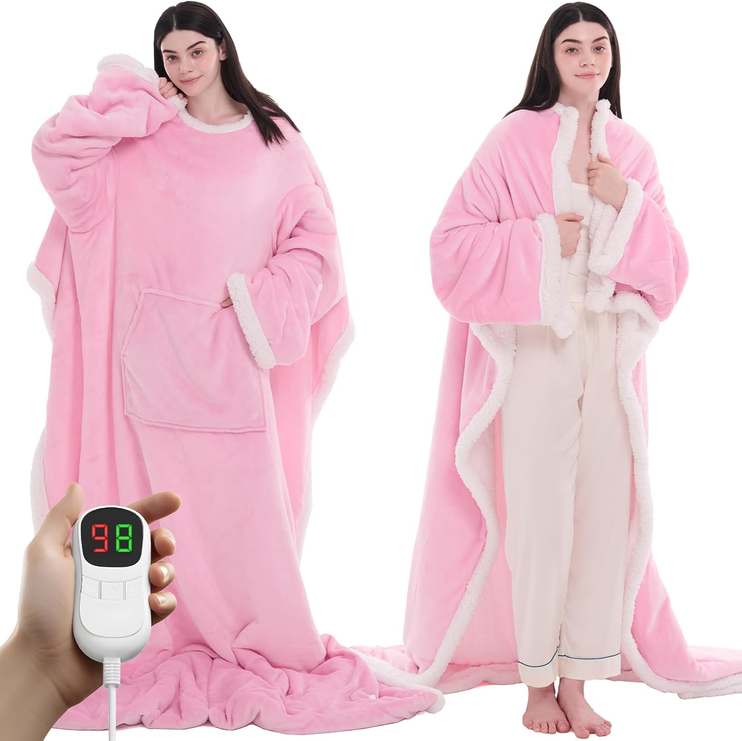 PLOATH Heated Electric Blanket Shawl: Heating Throw Heated Poncho - Wearable Blanket Hoodie Wrap Sherpa with 10 Heat Levels & Multi Heating Time Settings (50x75'' Grey)