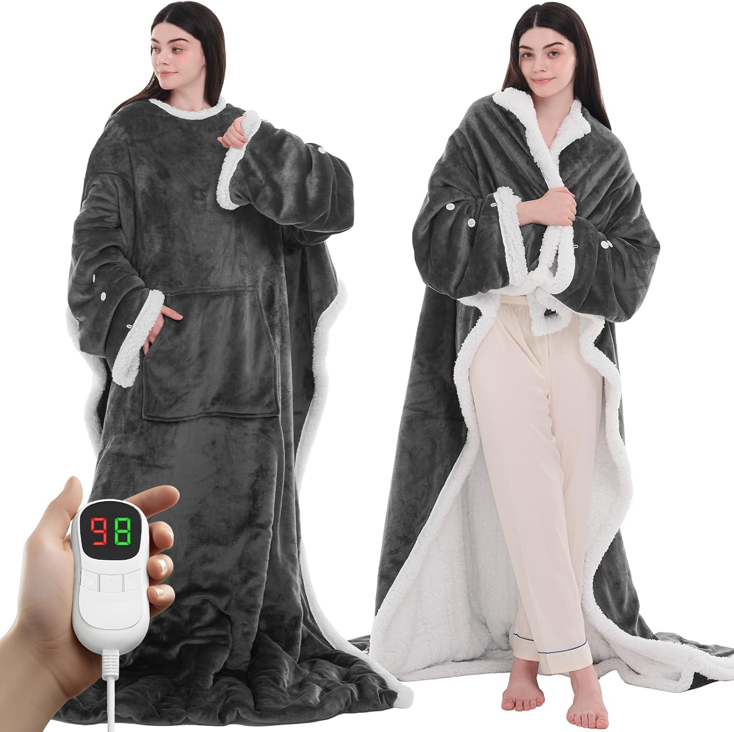 PLOATH Heated Electric Blanket Shawl: Heating Throw Heated Poncho - Wearable Blanket Hoodie Wrap Sherpa with 10 Heat Levels & Multi Heating Time Settings (50x75'' Grey)