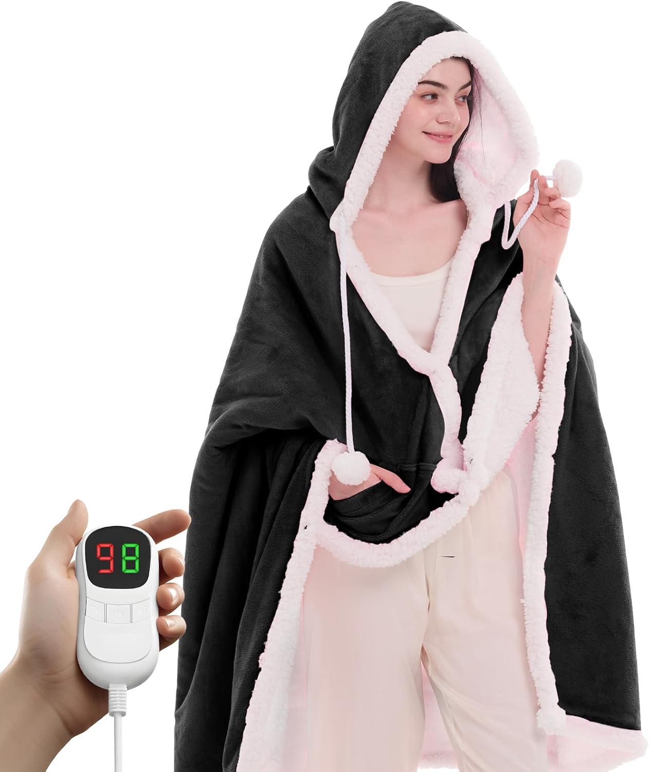 PLOATH Heated Electric Blanket Shawl: Heating Throw Heated Poncho - Wearable Blanket Hoodie Wrap Sherpa with 10 Heat Levels & Multi Heating Time Settings (50x75'' Grey)