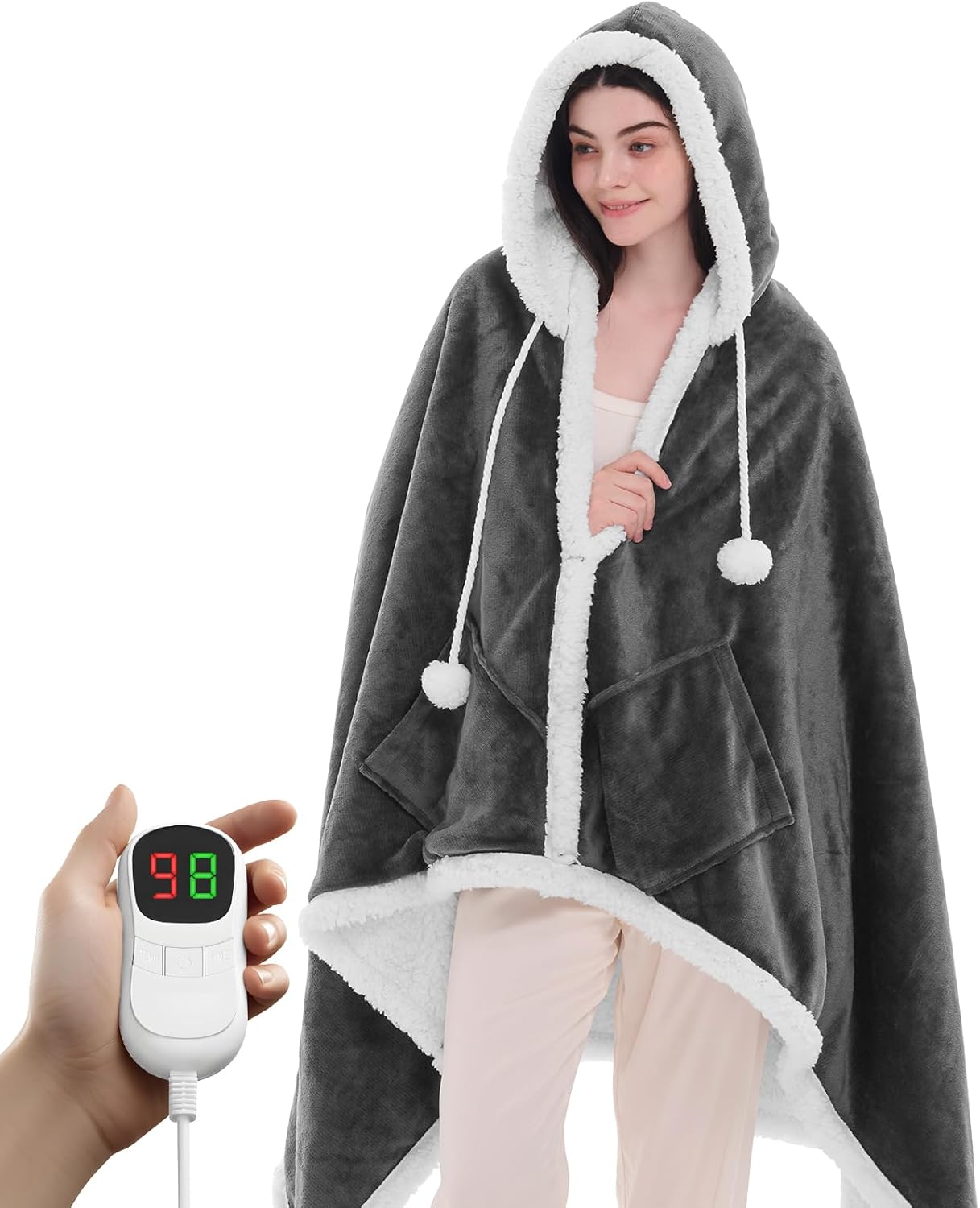 PLOATH Heated Electric Blanket Shawl: Heating Throw Heated Poncho - Wearable Blanket Hoodie Wrap Sherpa with 10 Heat Levels & Multi Heating Time Settings (50x75'' Grey)