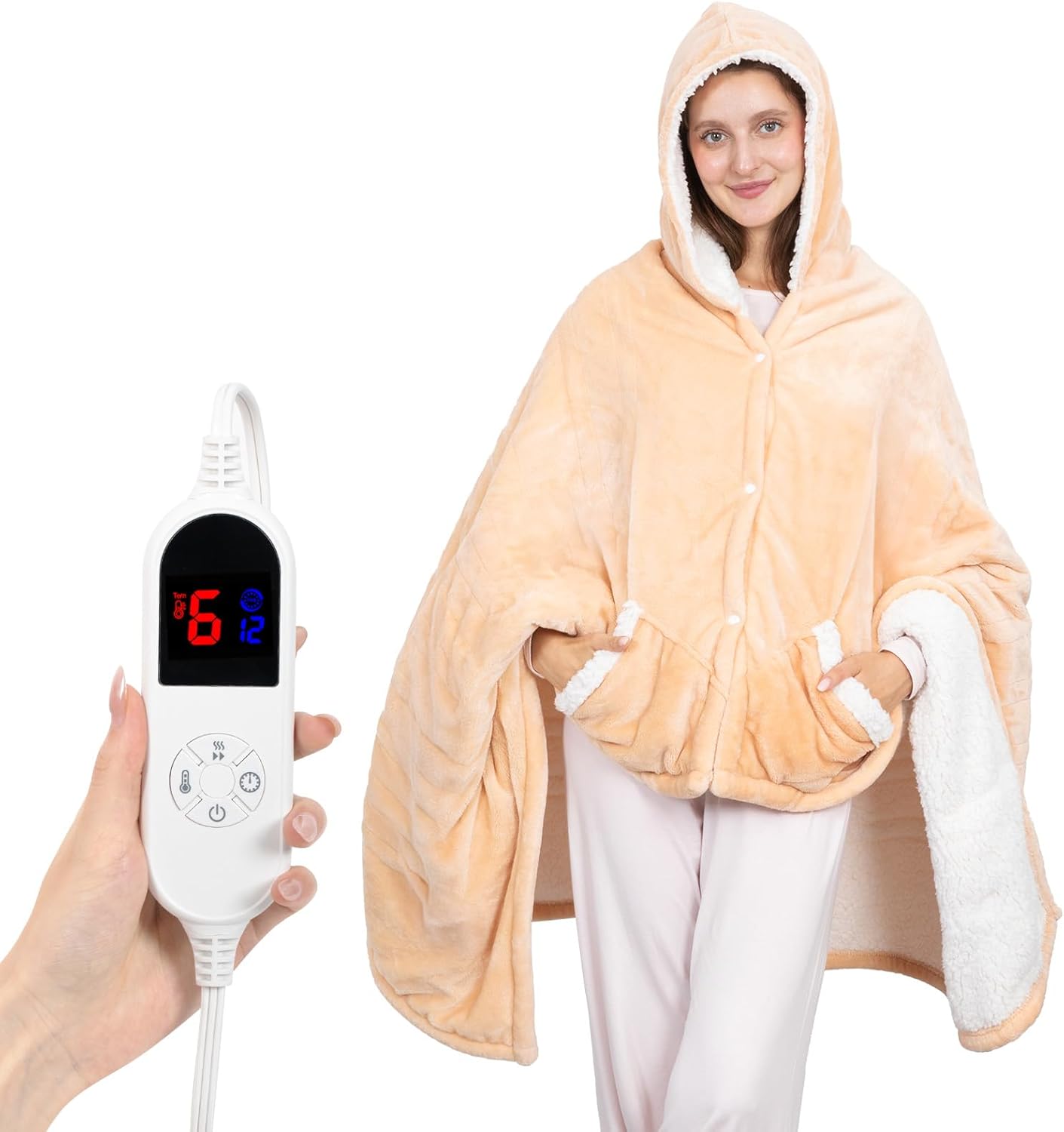 DAILYLIFE Wearable Heated Blanket with Foot Pocket, 52x72 Electric Blanket with Sleeves for 6 Heat Settings, 12 Hours Timer, Flannel & Sherpa, Charcoal