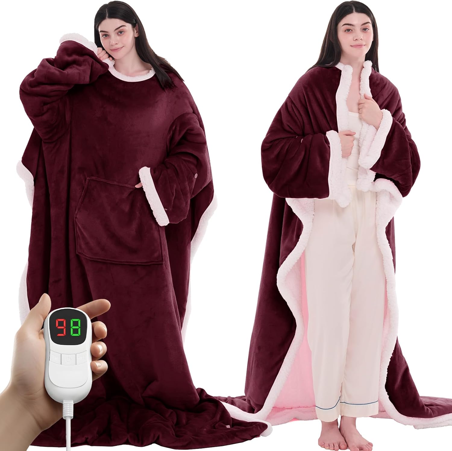 PLOATH Heated Electric Blanket Shawl: Heating Throw Heated Poncho - Wearable Blanket Hoodie Wrap Sherpa with 10 Heat Levels & Multi Heating Time Settings (50x75'' Grey)