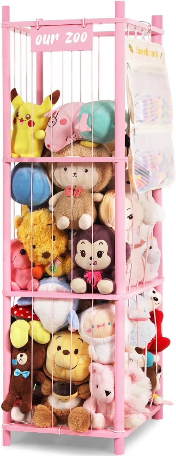 TOPHDY Stuffed Animal Storage Organizer, Large Wooden Zoo Toy Holder with Pockets, Plushie, Stuffy,Toy Storage for Kids Room, Playroom, Bedroom(Natural Large)